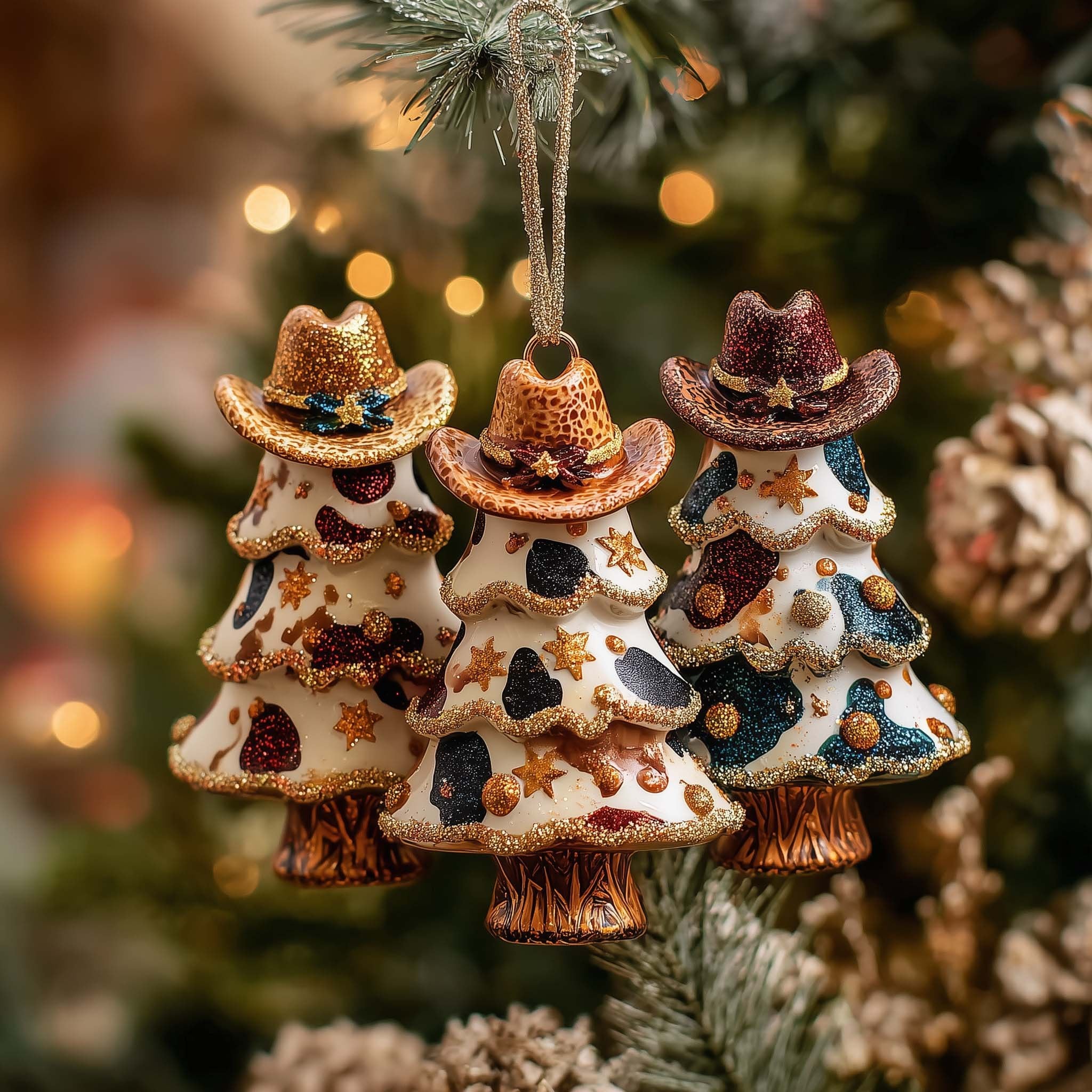 Cowhide Trees in Cowboy Hats Christmas Ornament