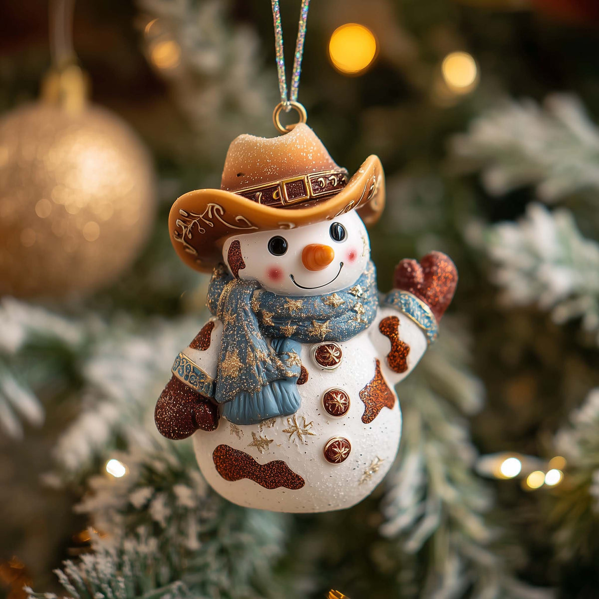 Cowboy Snowman in a Blue Scarf Christmas Ornament