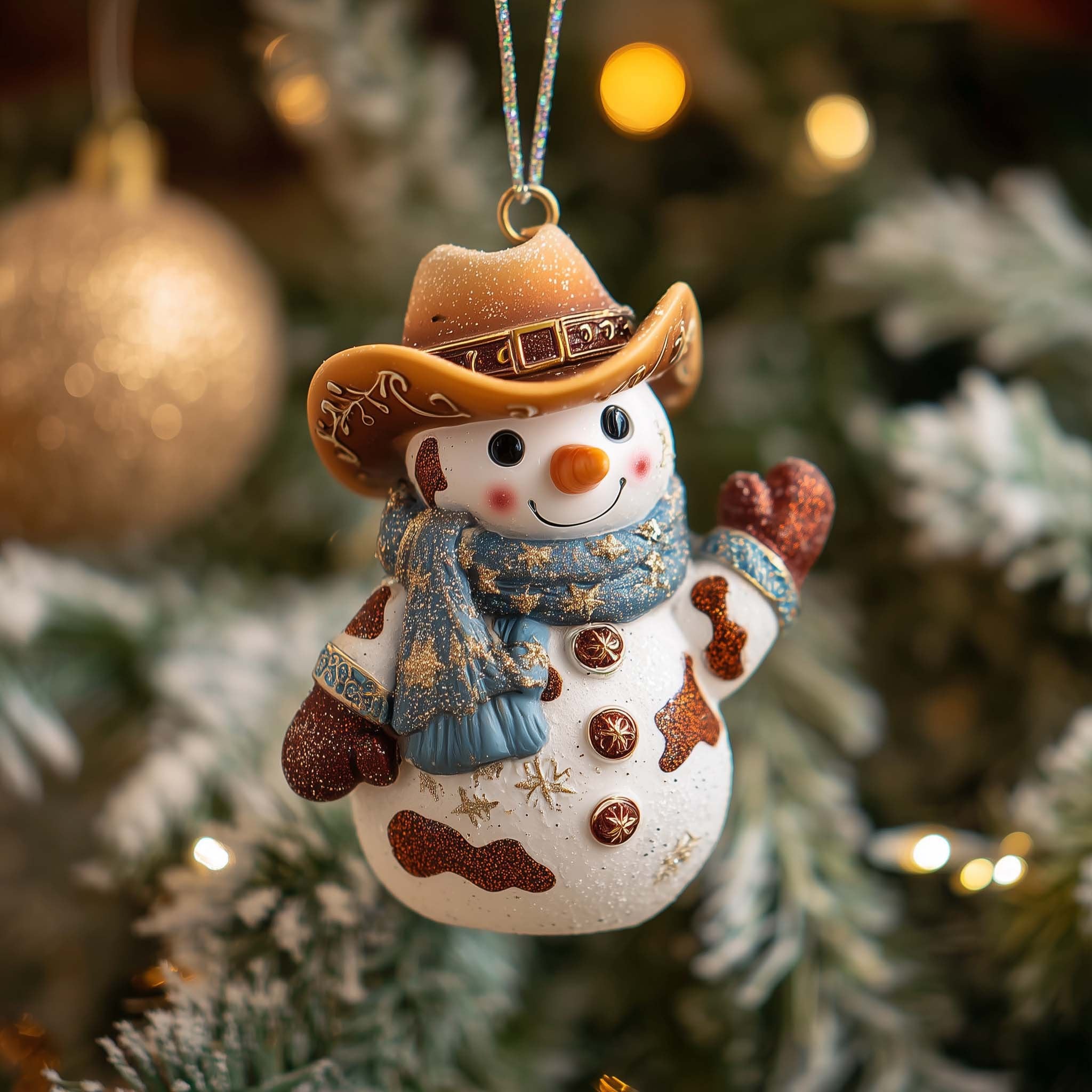 Cowboy Snowman in a Blue Scarf Christmas Ornament