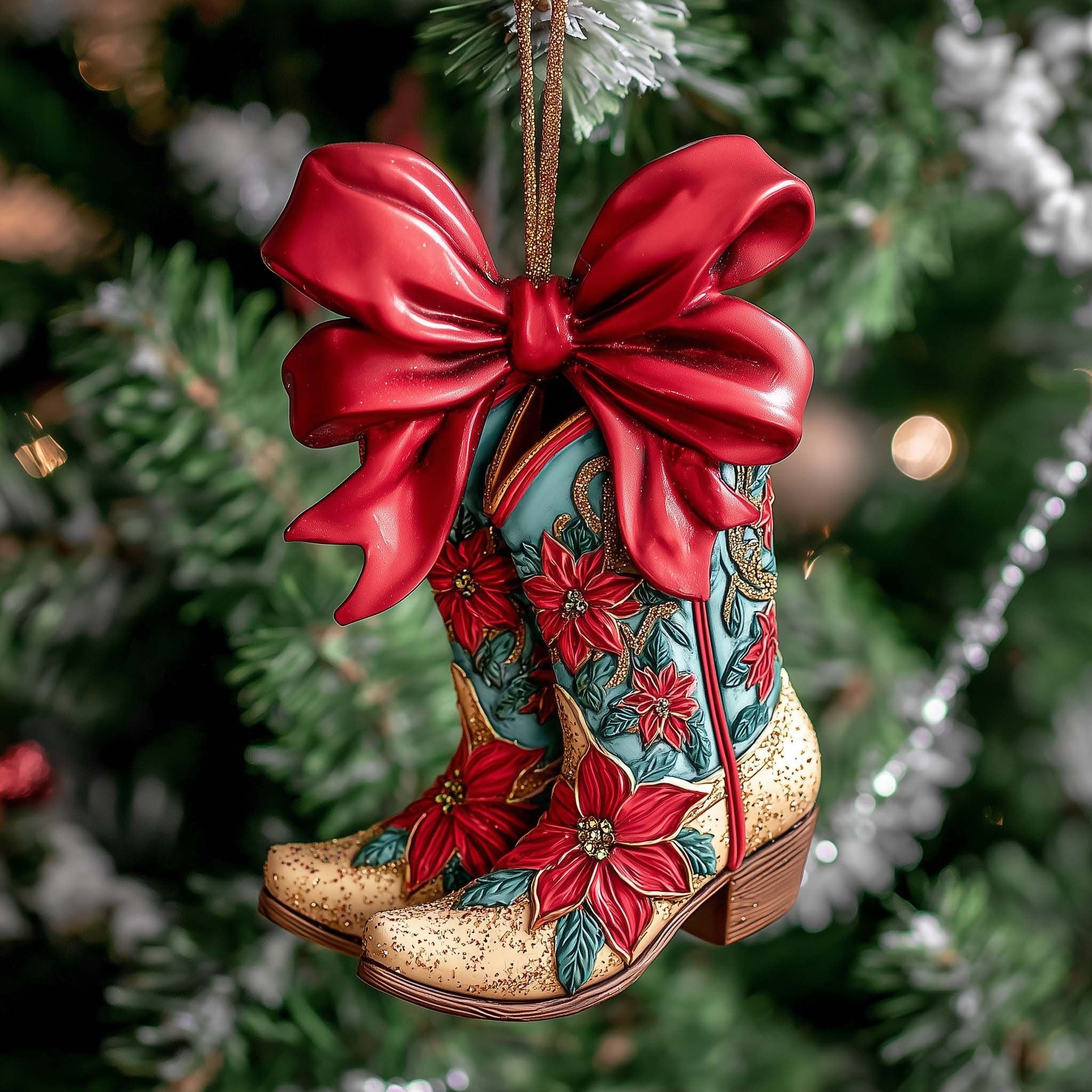 Cowgirl Boot with a Red Bow Christmas Ornament