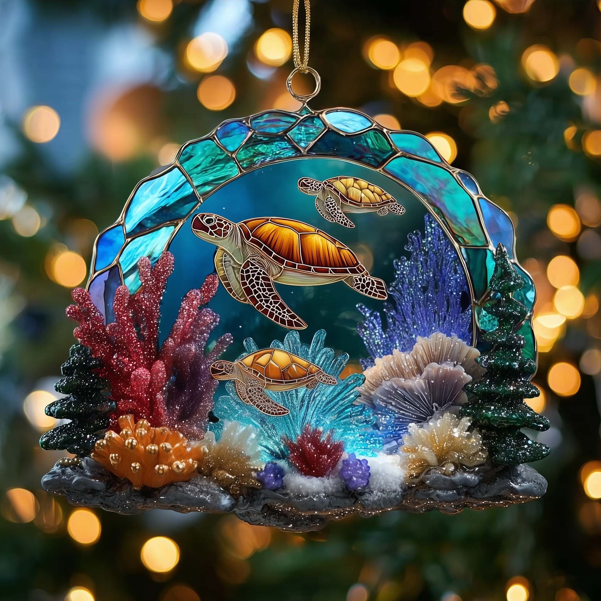 Sea Turtle Reef Stained Glass Christmas Ornament