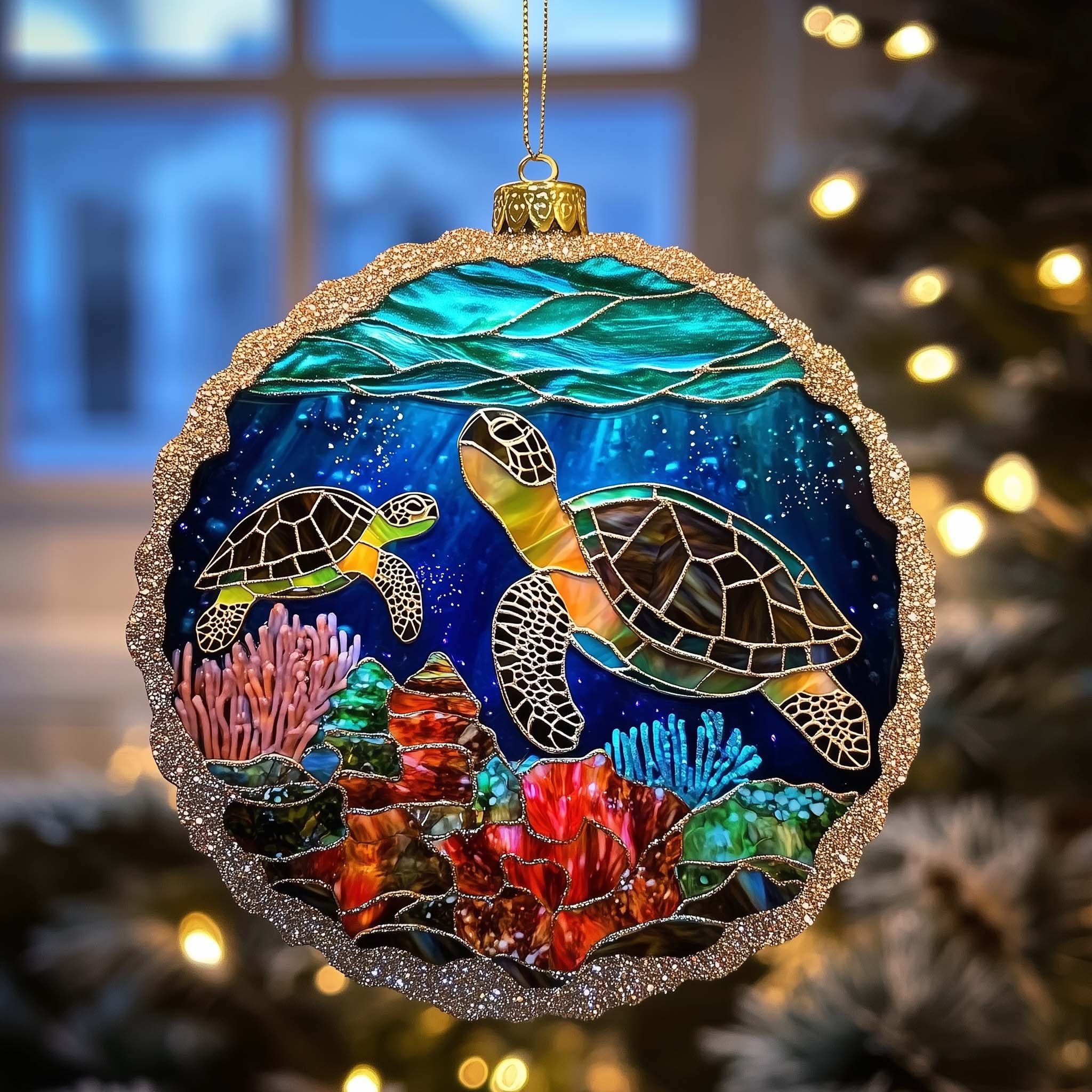 Deep Sea Turtles Stained Glass Disc Christmas Ornament