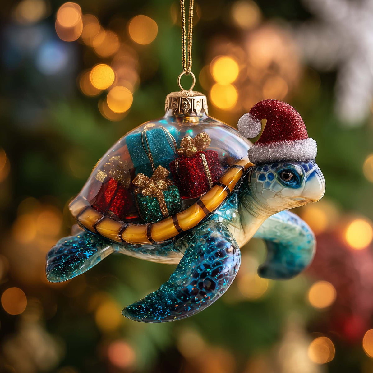 Santa Hat Turtle with a Gift Shell Christmas Ornament
