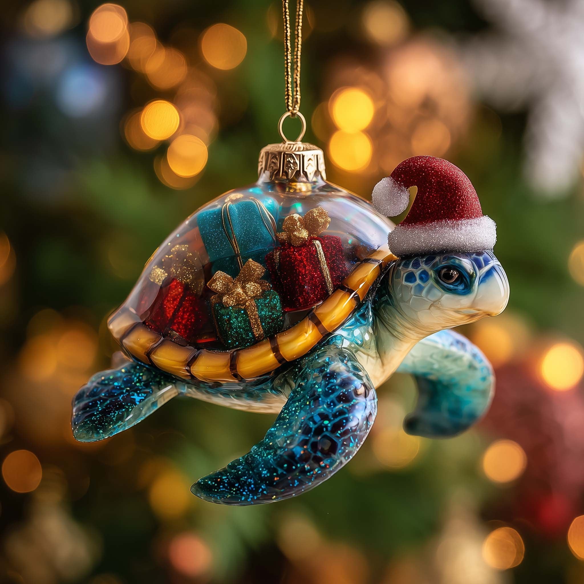 Santa Hat Turtle with a Gift Shell Christmas Ornament
