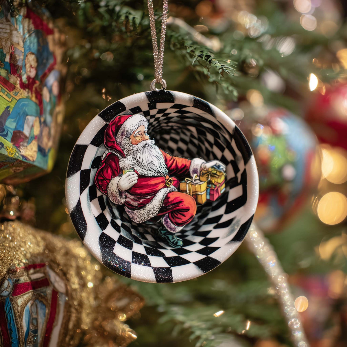 Santa in a Checkerboard Portal Christmas Ornament