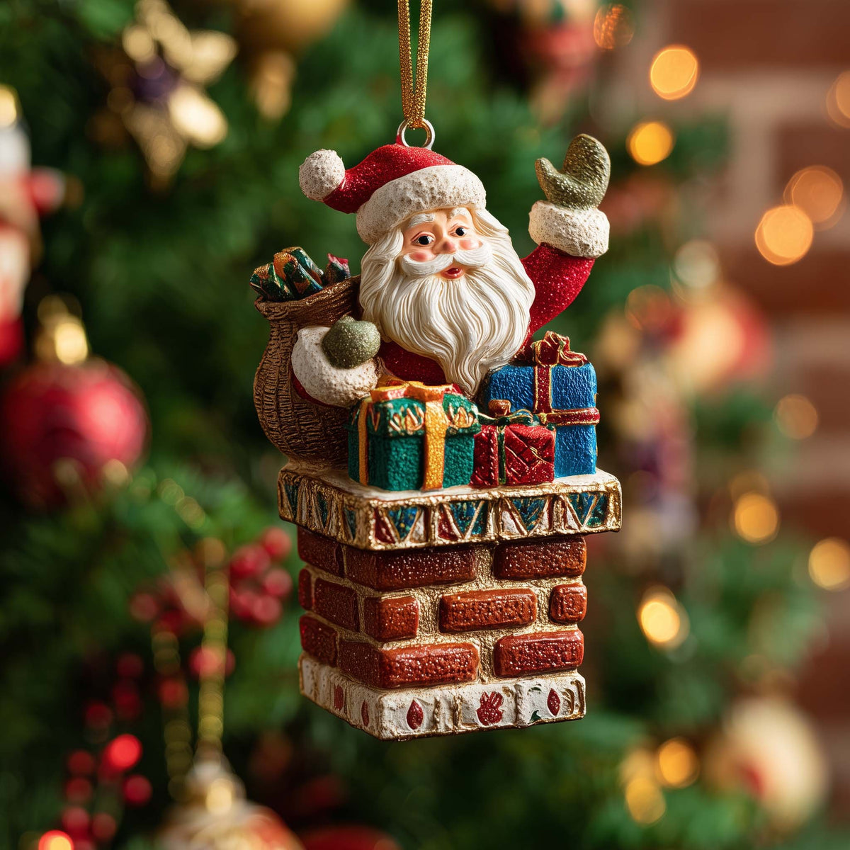 Santa on the Chimney with Gifts Christmas Ornament