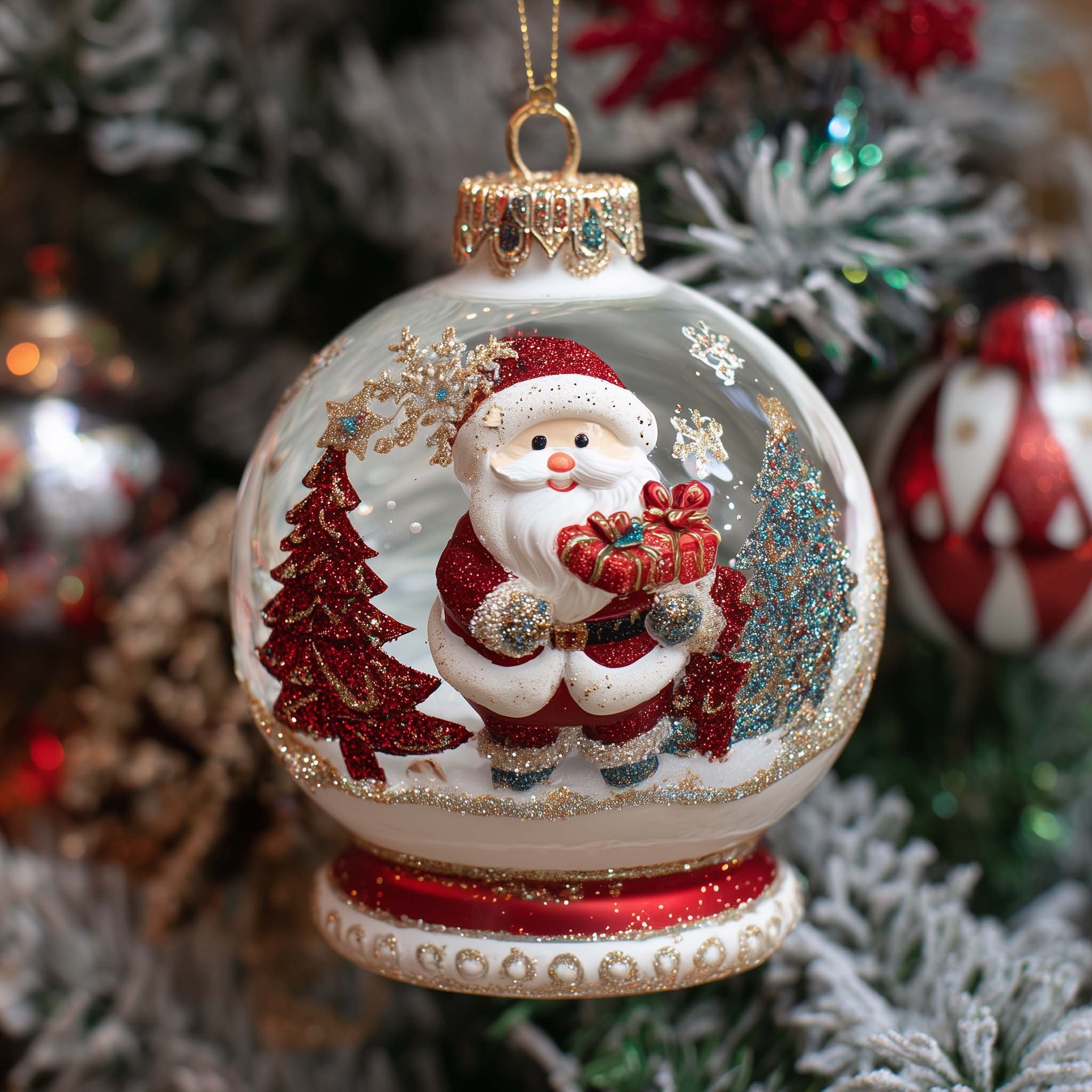 Santa Snow Globe with Red Trees Christmas Ornament
