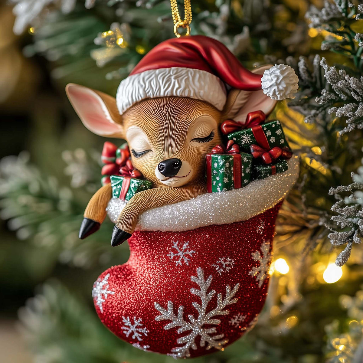 Fawn Napping on Gift Boxes Christmas Ornament