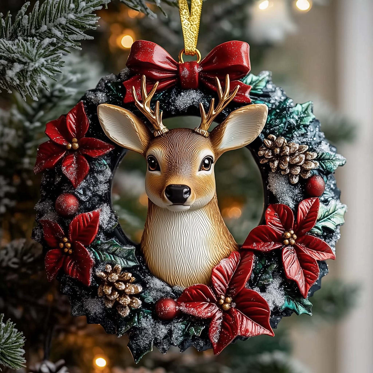 Stag in a Poinsettia Wreath Christmas Ornament
