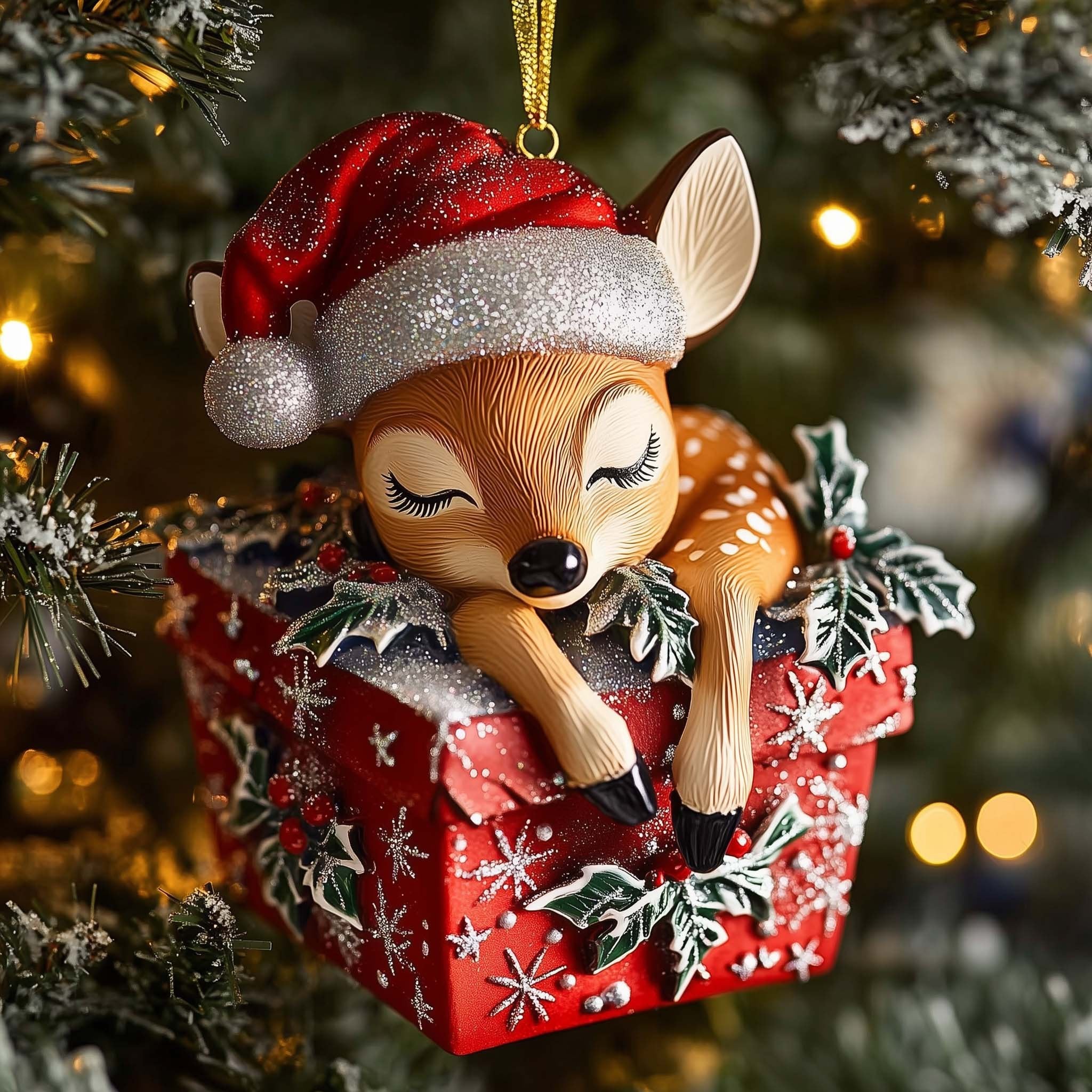 Fawn Asleep on a Red Present Christmas Ornament
