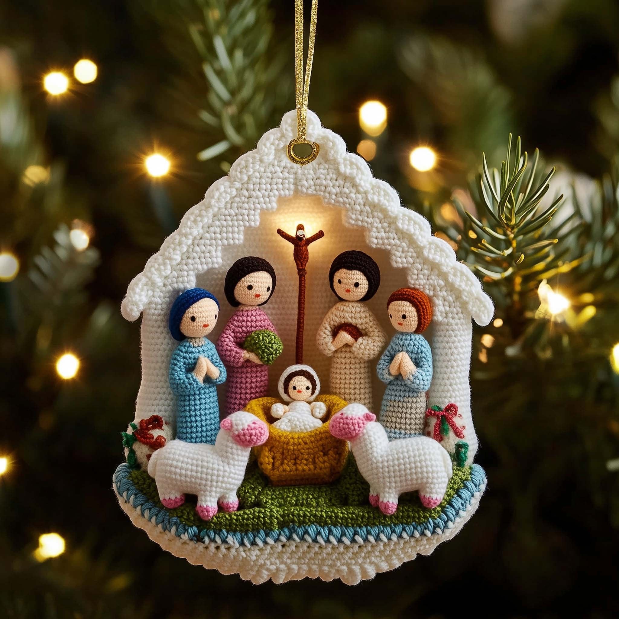 Knitted Nativity Stable Christmas Ornament