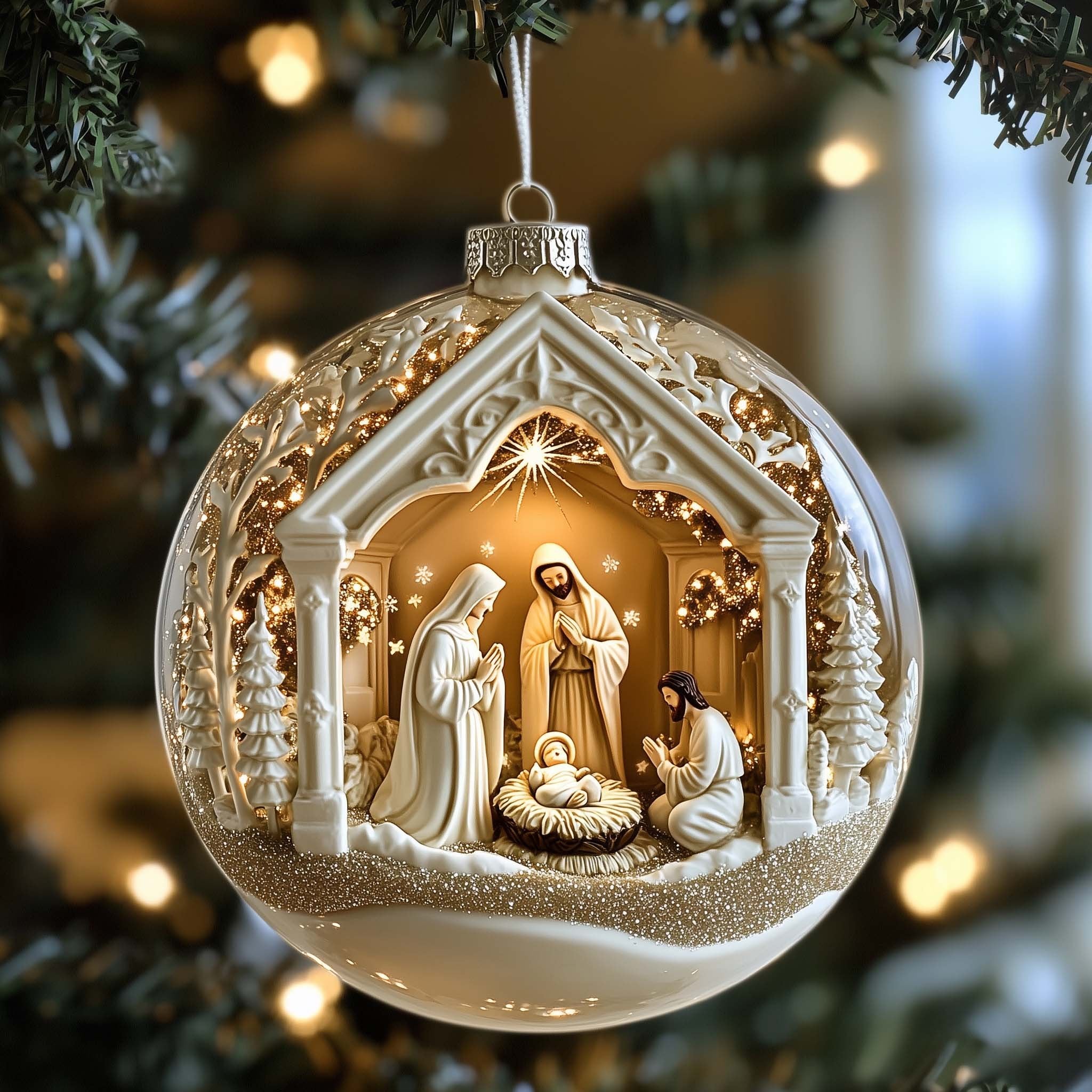Nativity in a Carved Arch Globe Christmas Ornament