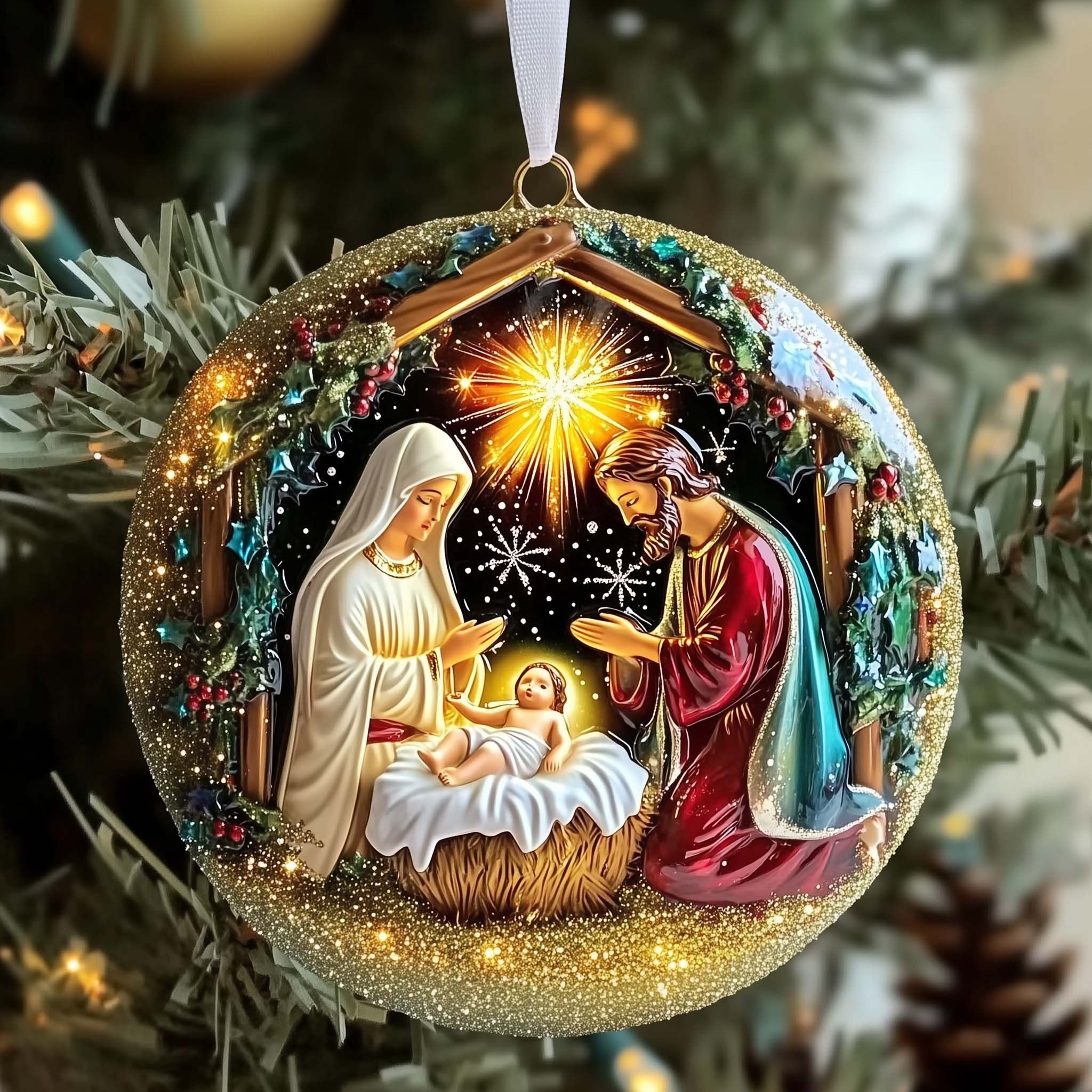 Starlit Nativity Globe Christmas Ornament