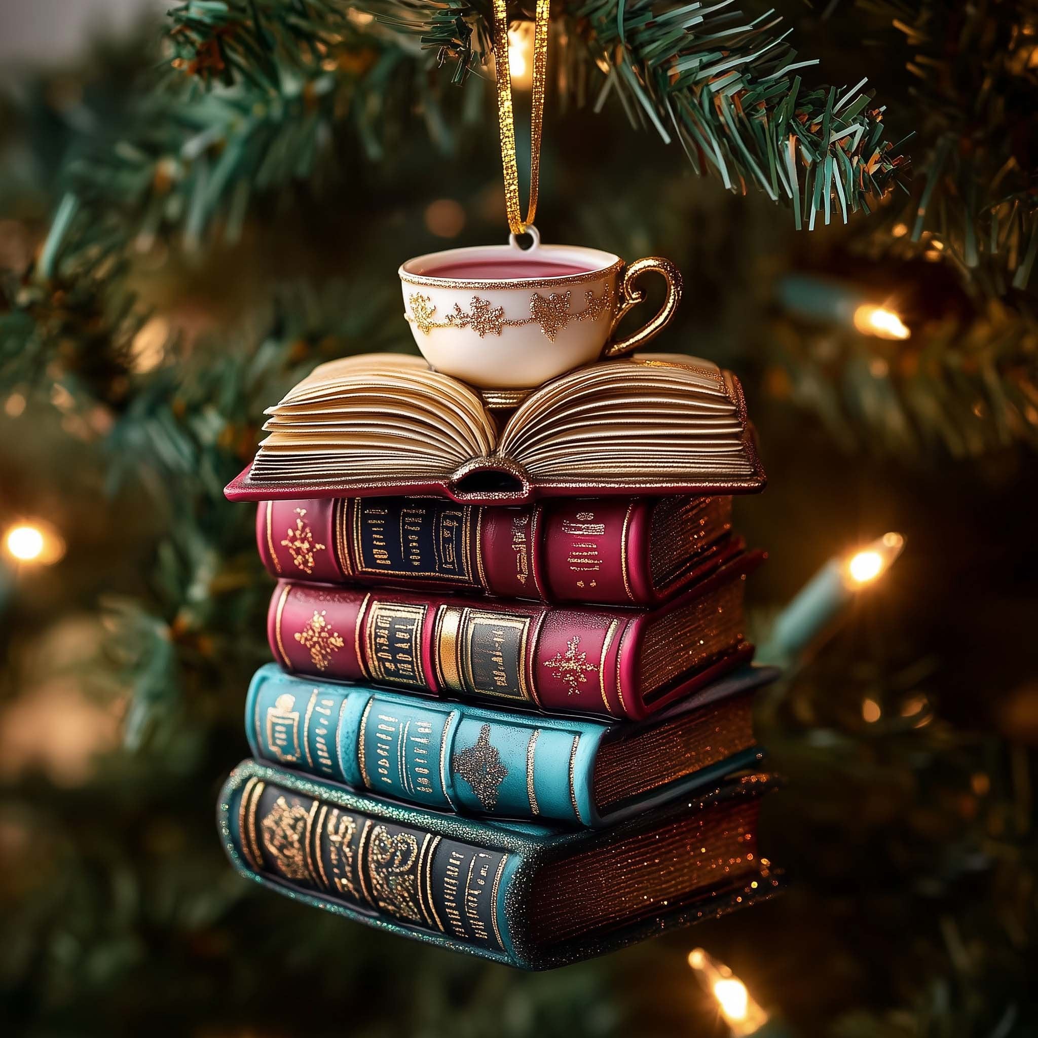 Teacup on a Stack of Novels Christmas Ornament