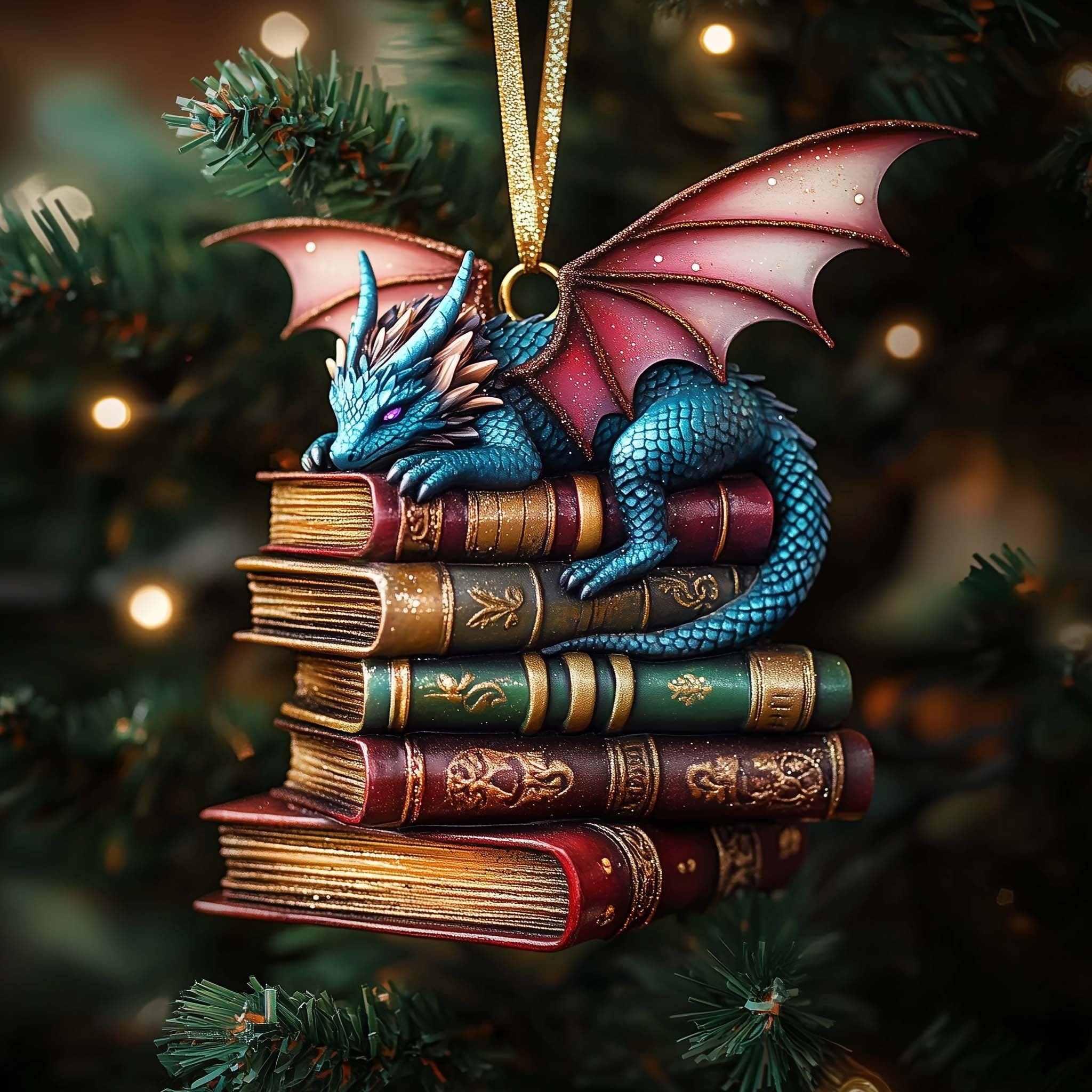 Dragon Guarding the Book Pile Christmas Ornament
