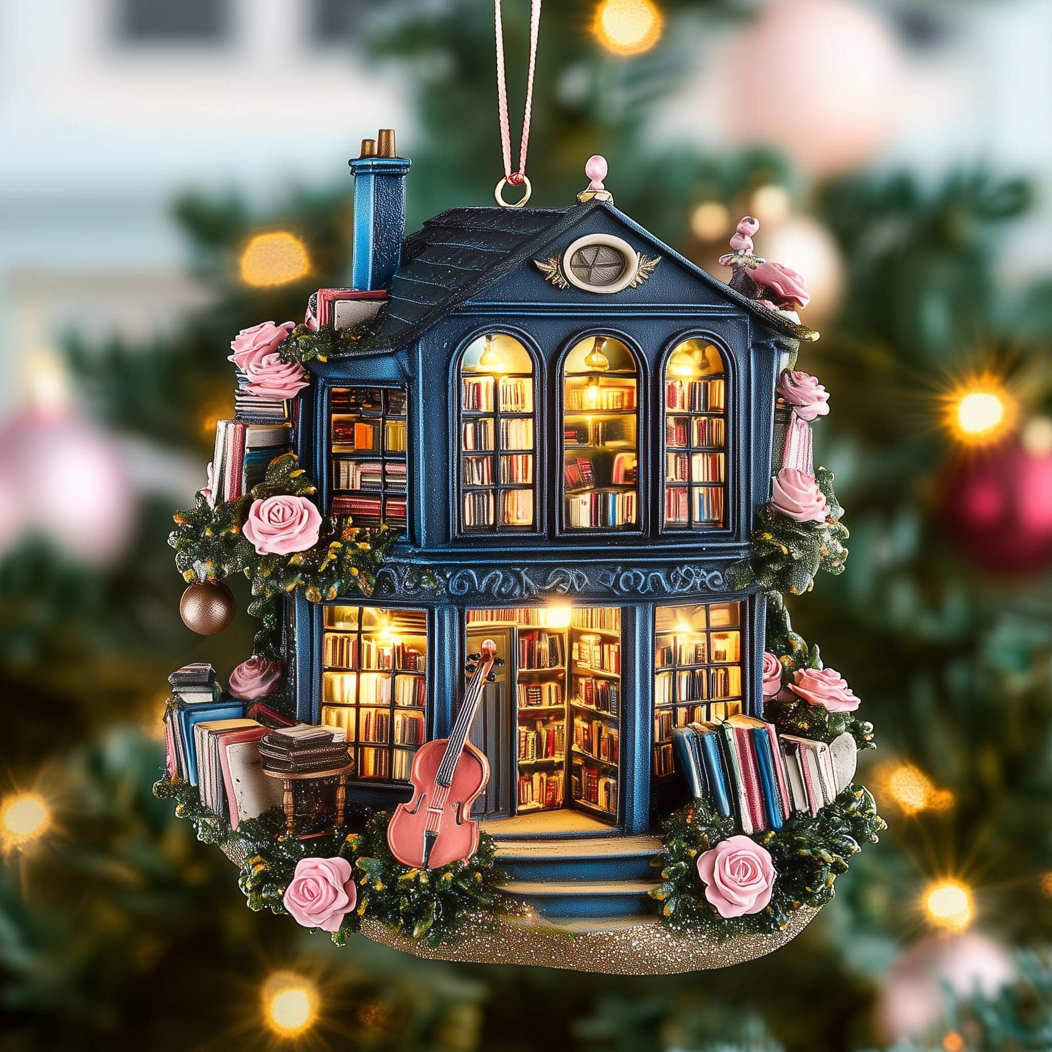 Violin Bookshop with Roses Christmas Ornament