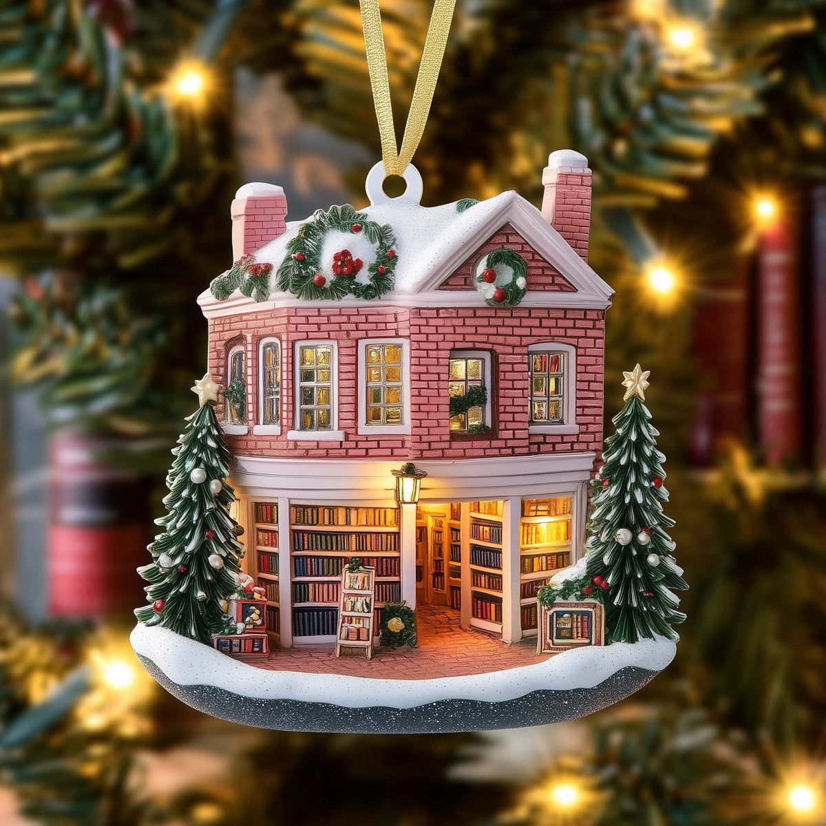 Brick Bookstore in the Snow Christmas Ornament