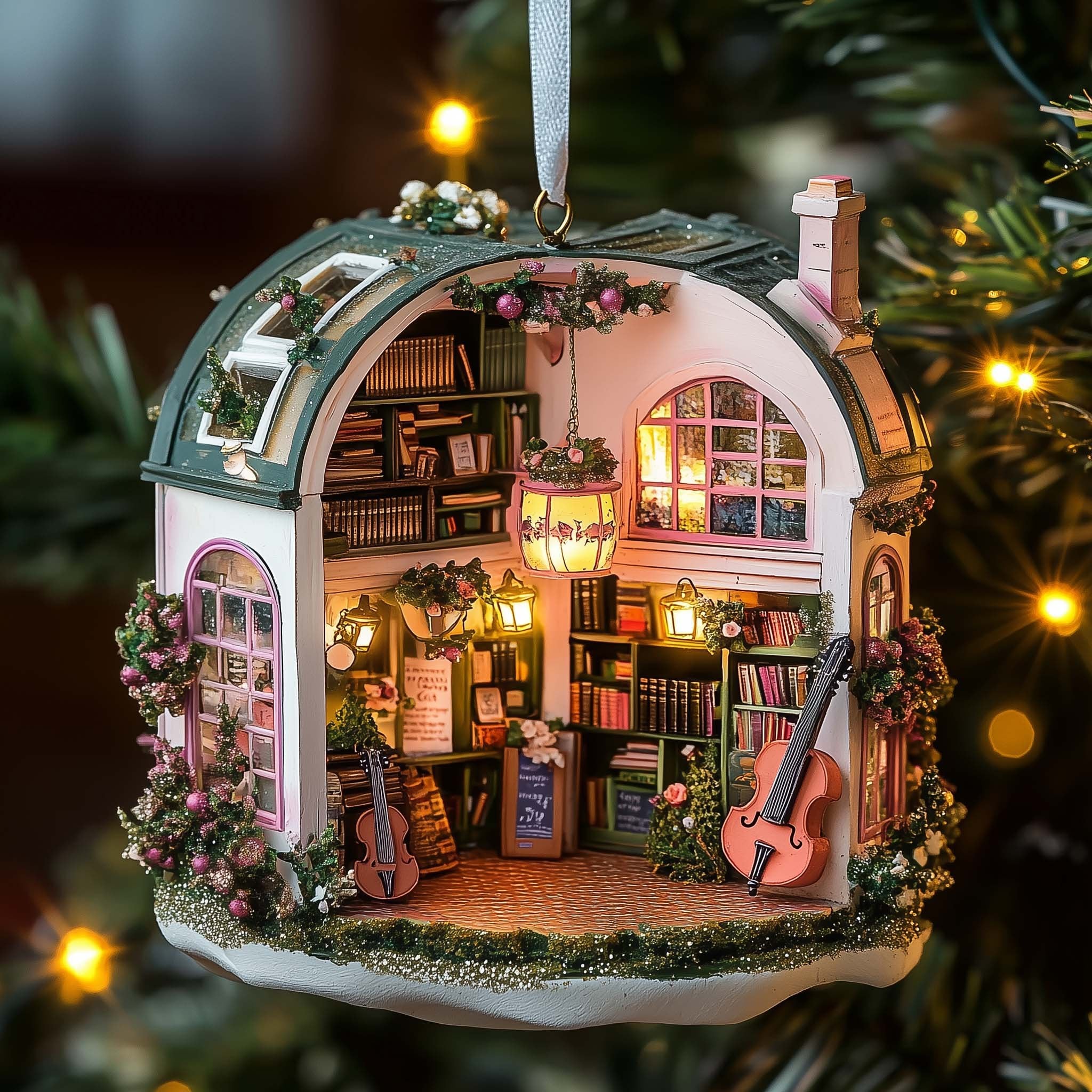 Cozy Reading Room Diorama Christmas Ornament