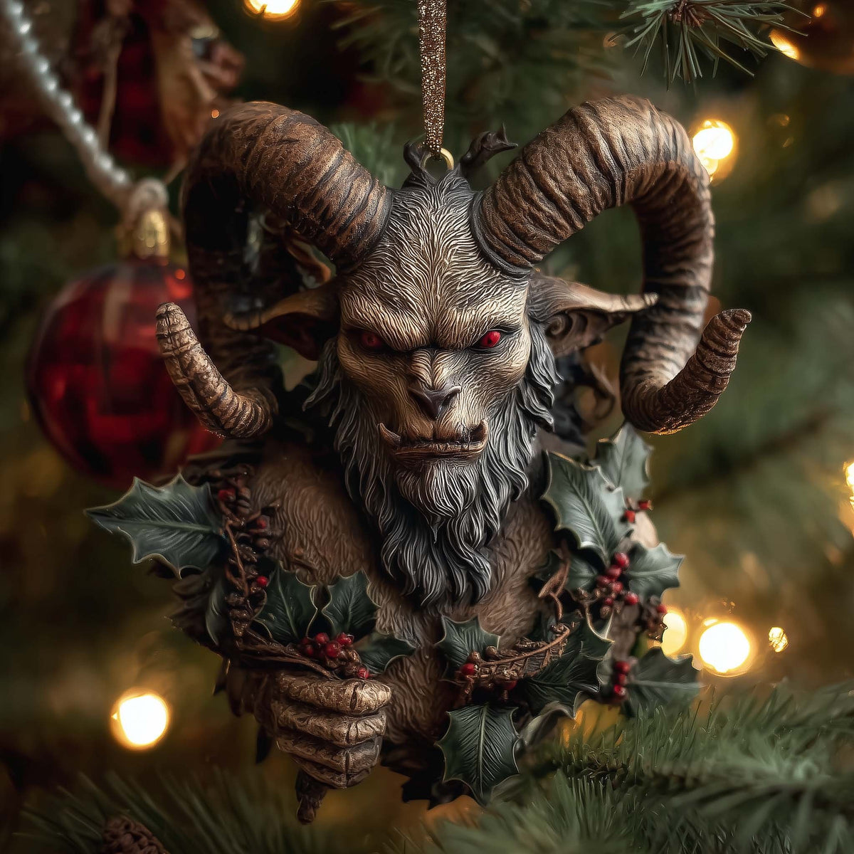 Ram Horned Krampus with Holly Christmas Ornament