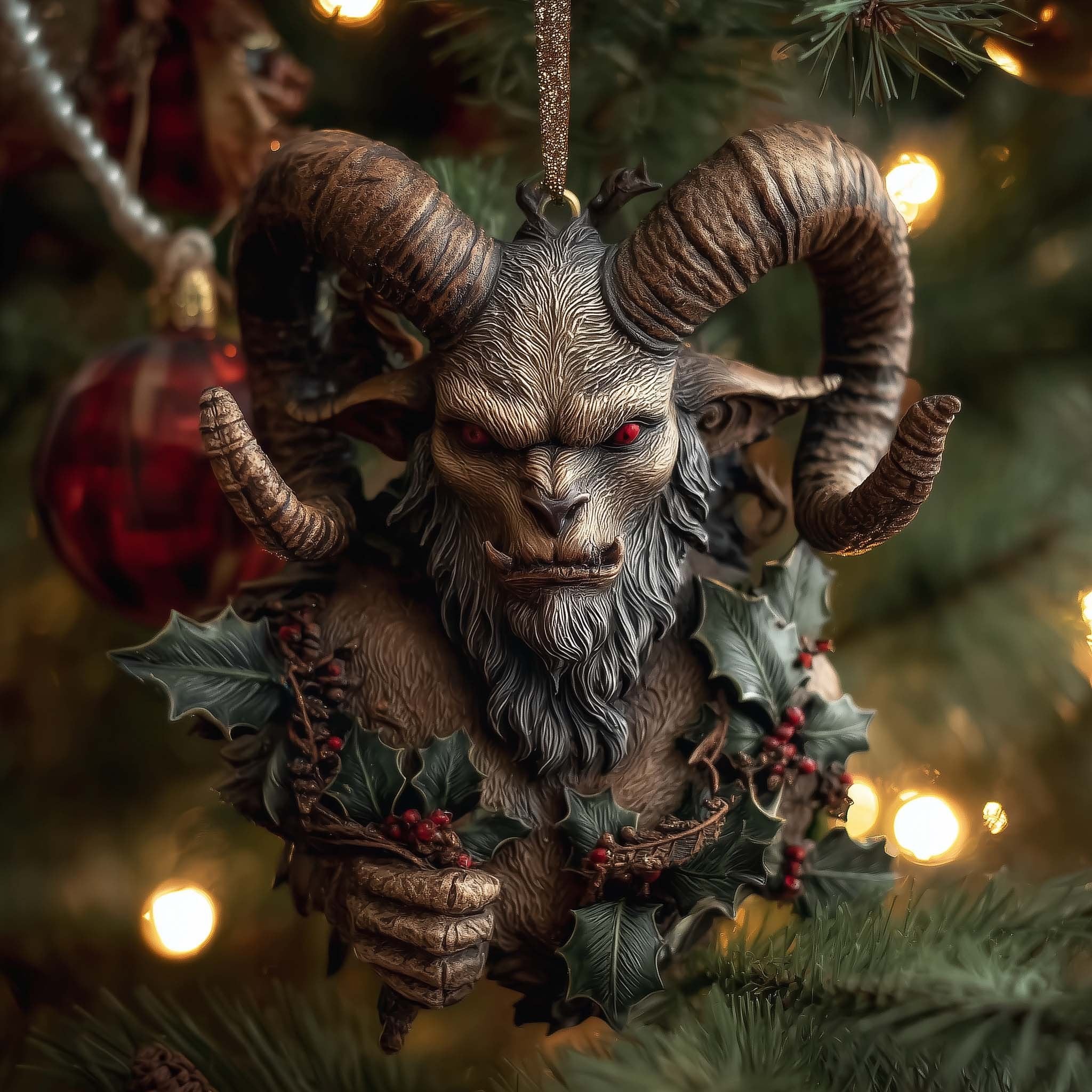 Ram Horned Krampus with Holly Christmas Ornament
