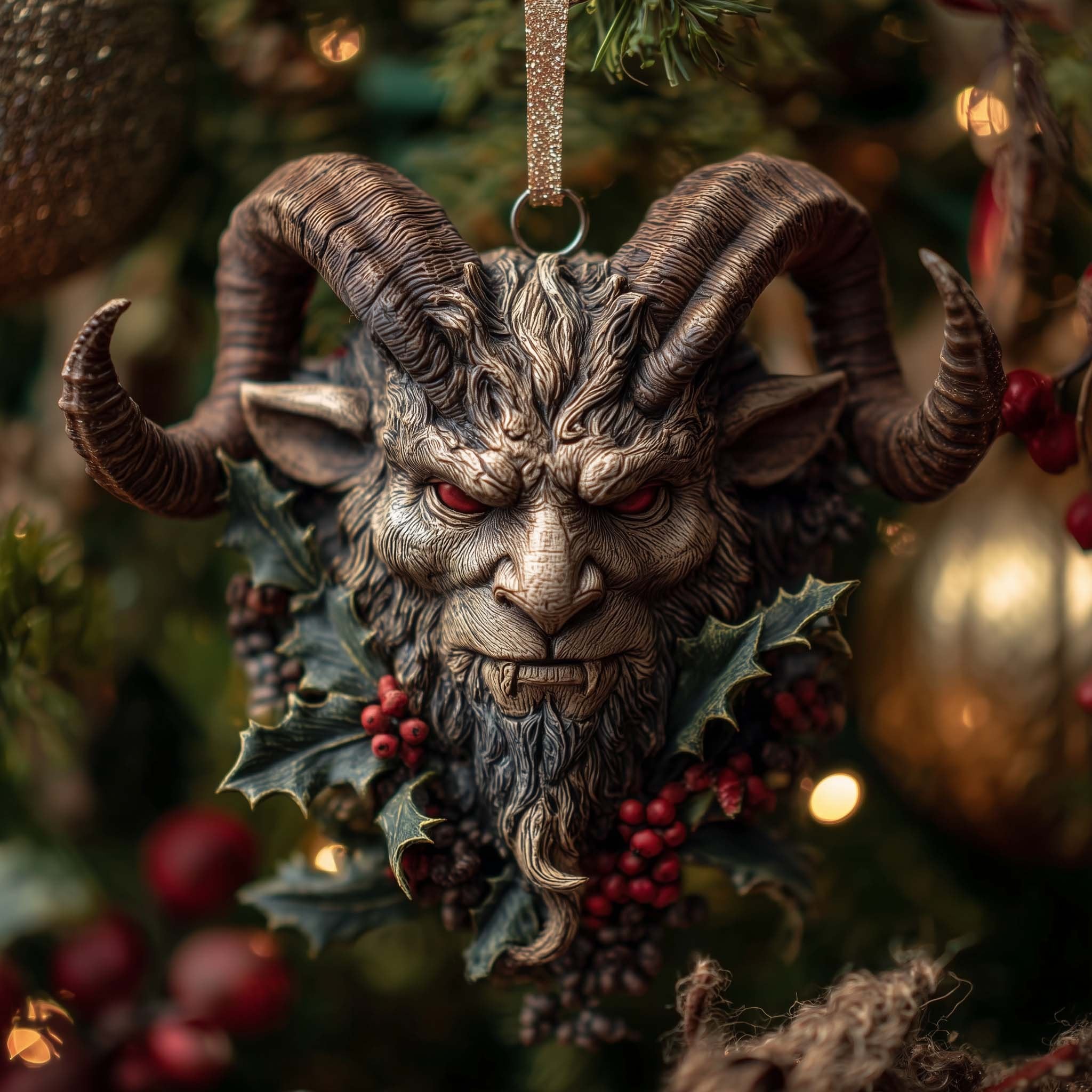 Krampus Head with Holly Wreath Christmas Ornament
