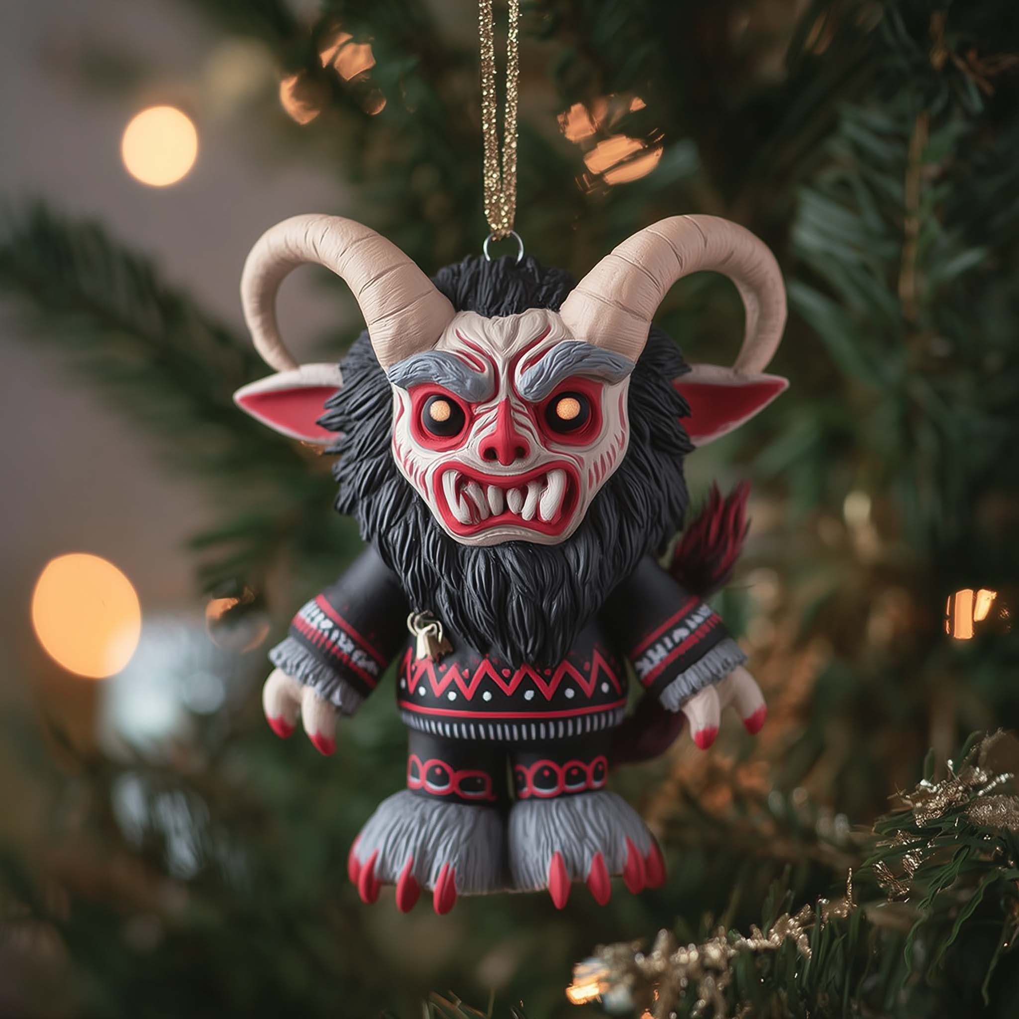Grinning Krampus in a Jumper Christmas Ornament