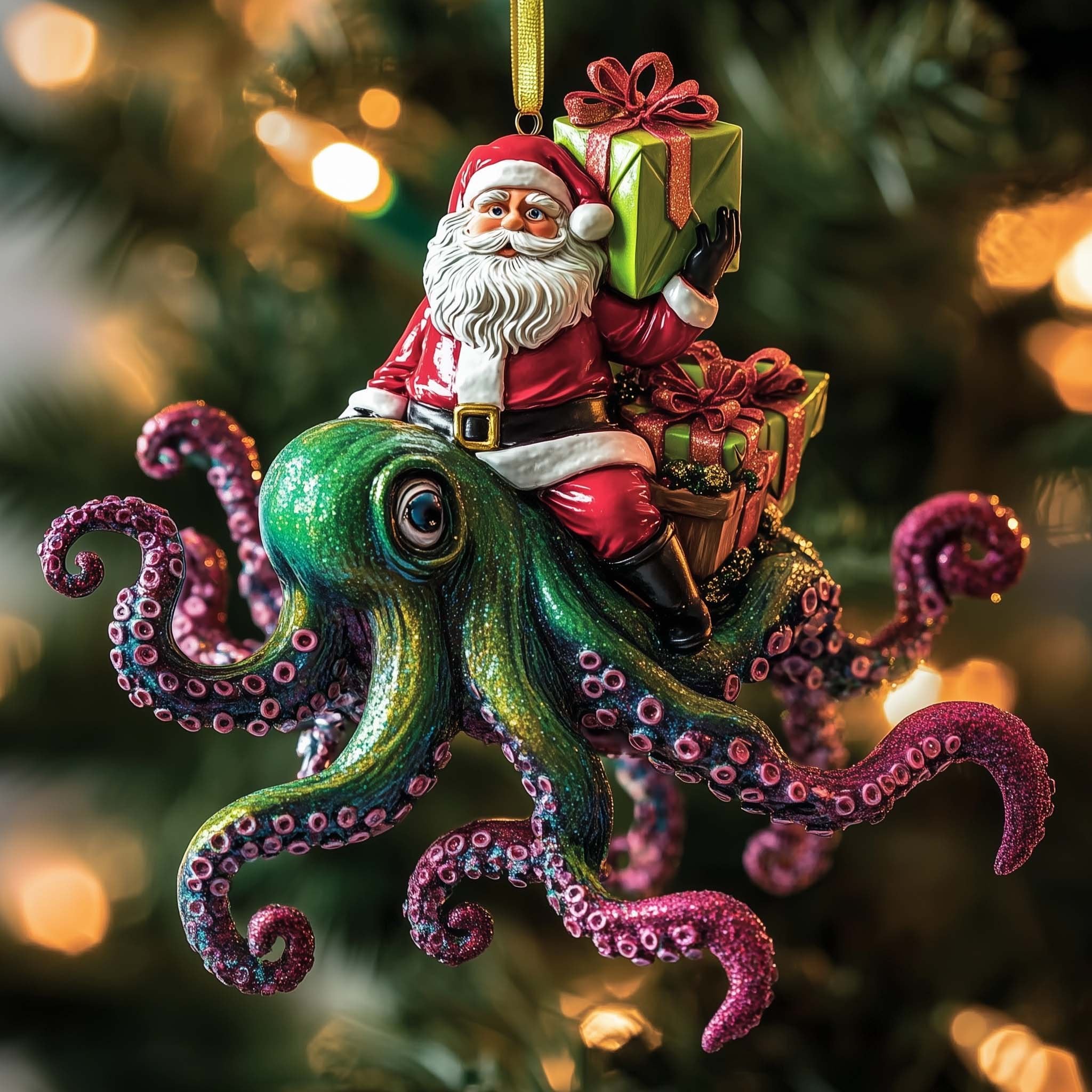 Santa Riding a Purple Octopus Christmas Ornament