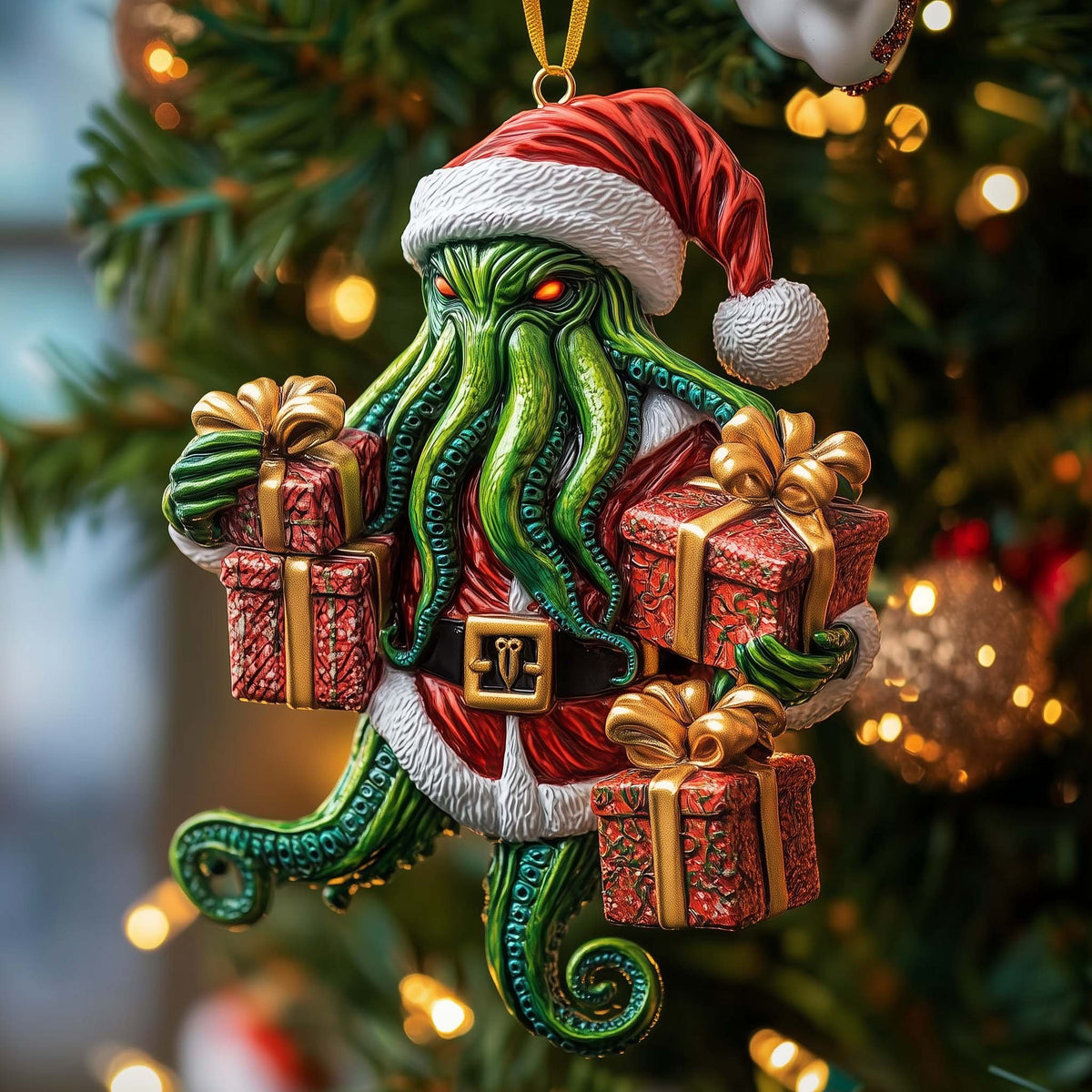 Green Tentacle Santa with Gifts Christmas Ornament
