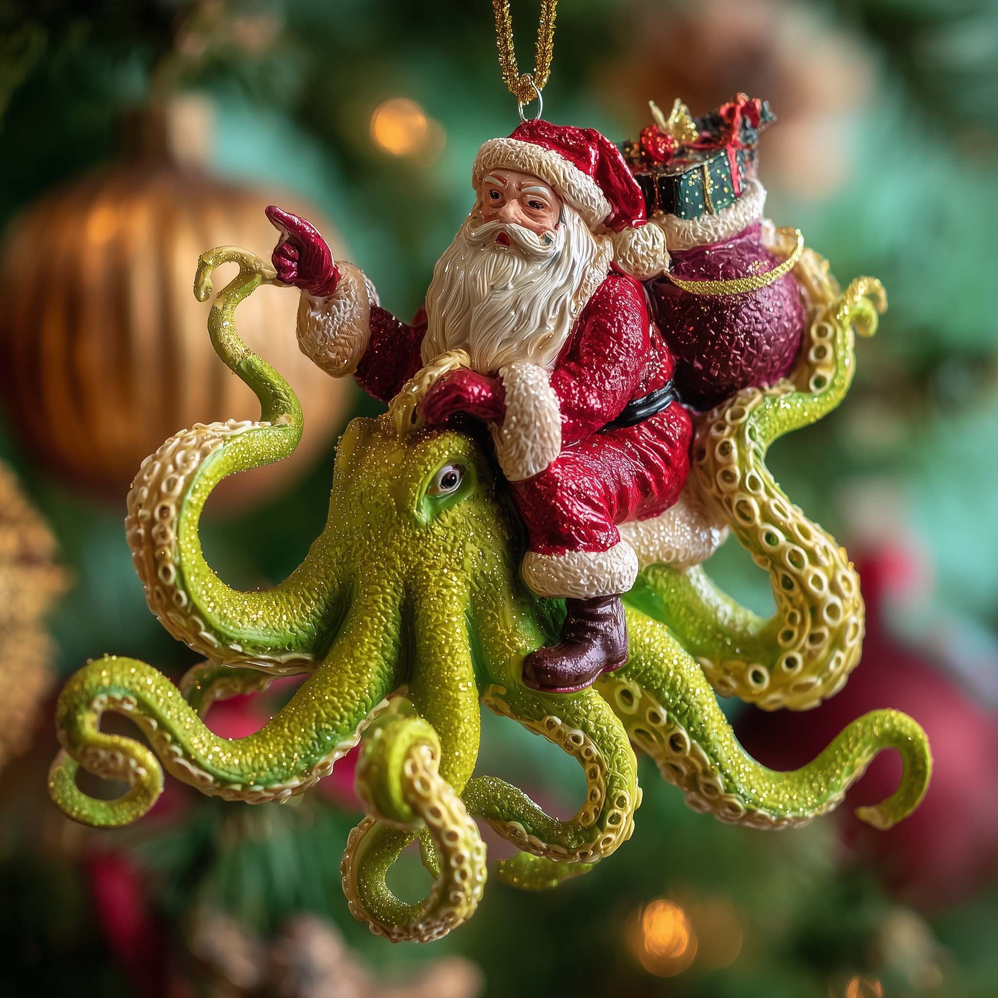 Santa on a Lime Octopus Christmas Ornament