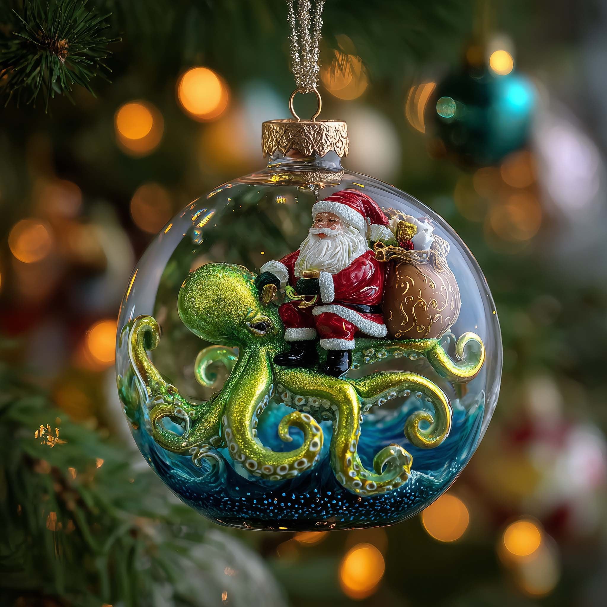 Santa and Octopus Snow Globe Christmas Ornament
