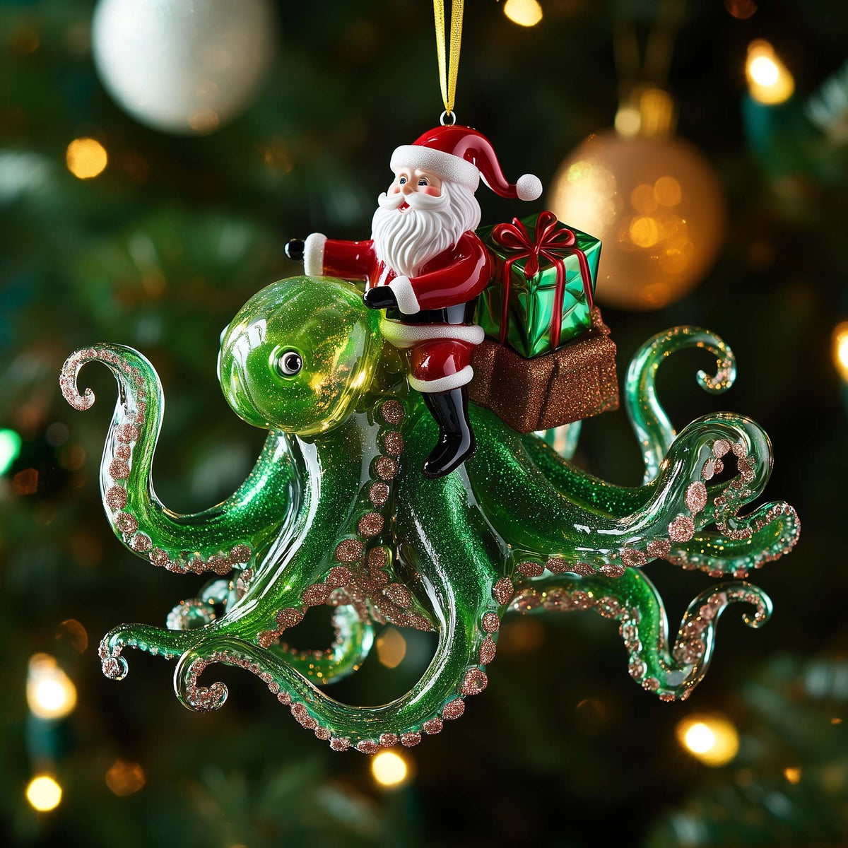 Santa Riding an Emerald Octopus Christmas Ornament