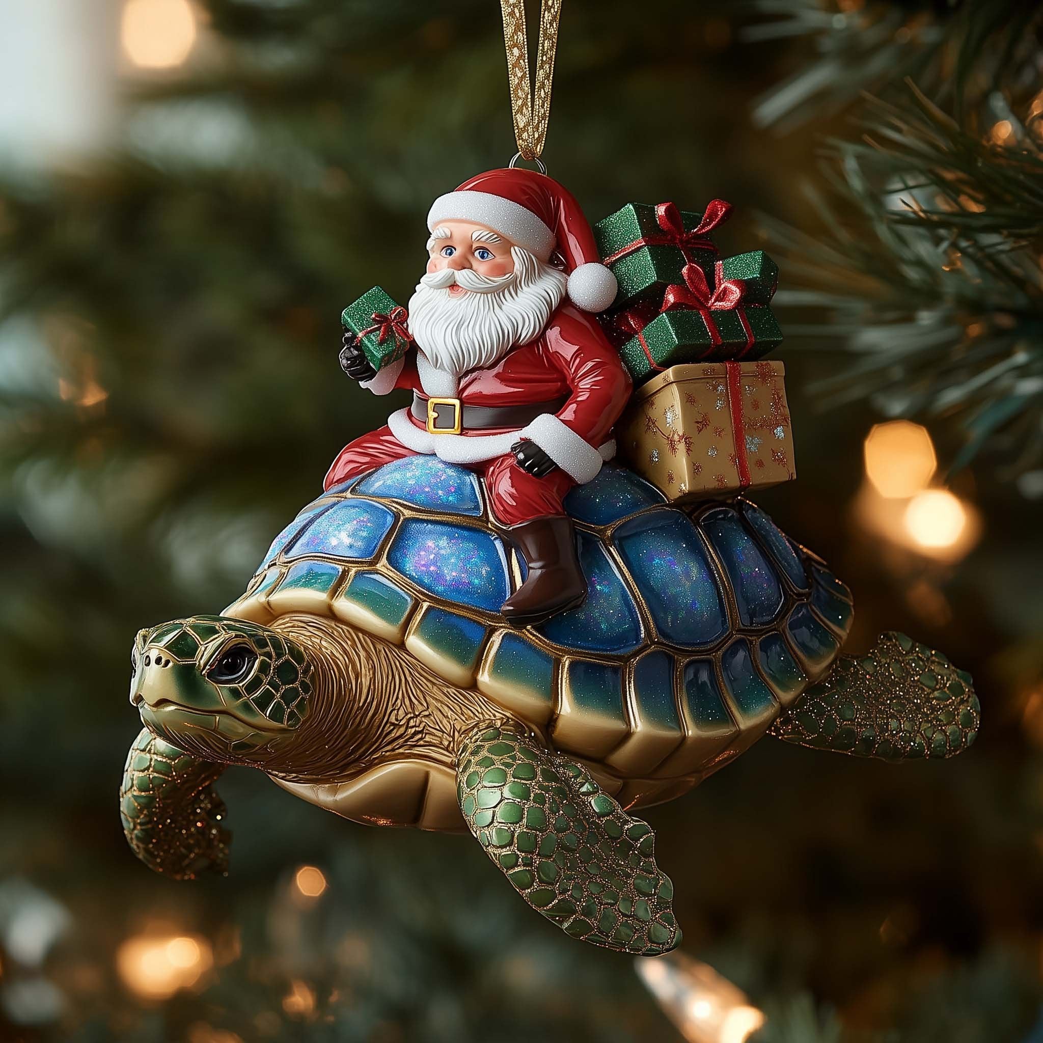Santa on a Sapphire Turtle Christmas Ornament
