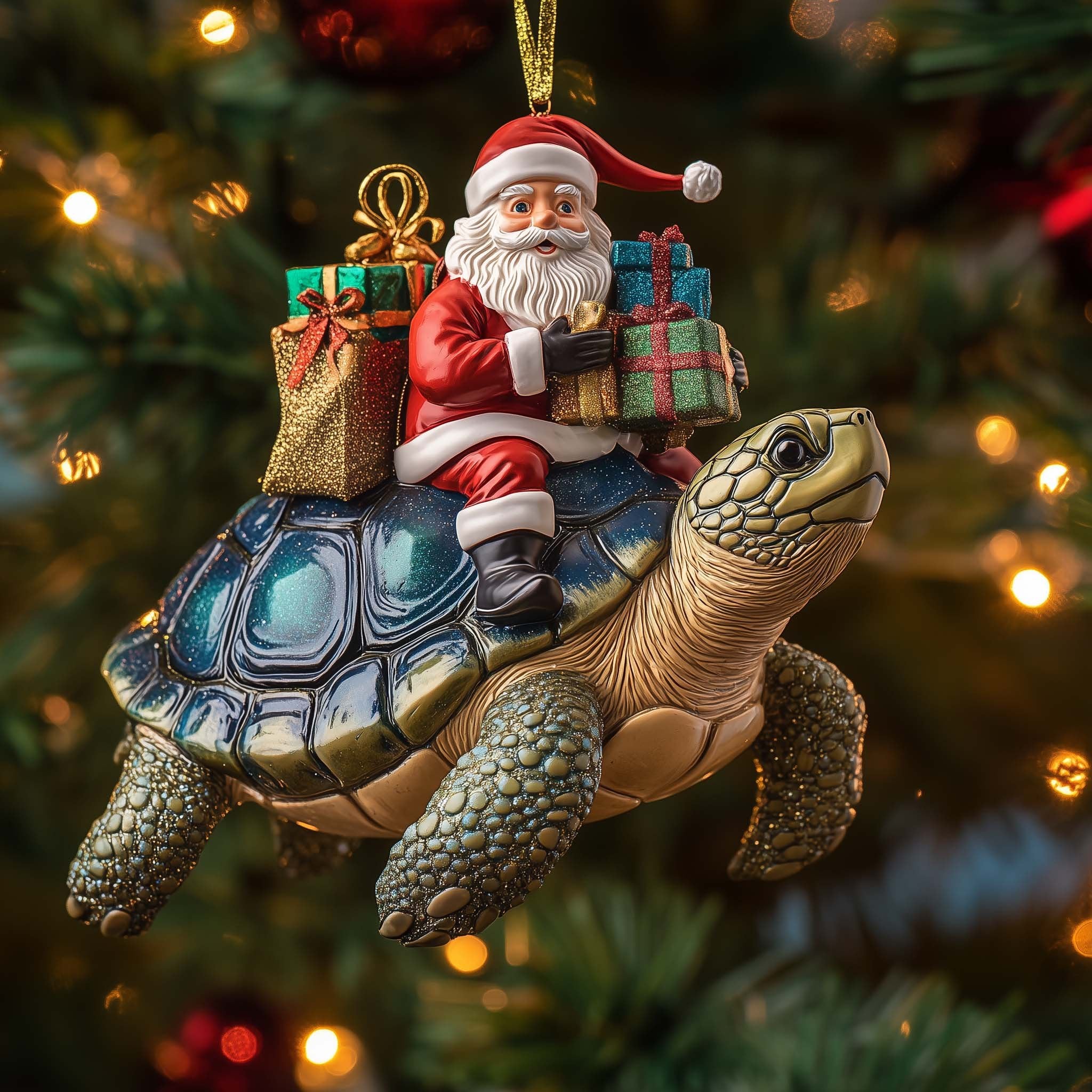 Santa and Gifts on a Sea Turtle Christmas Ornament