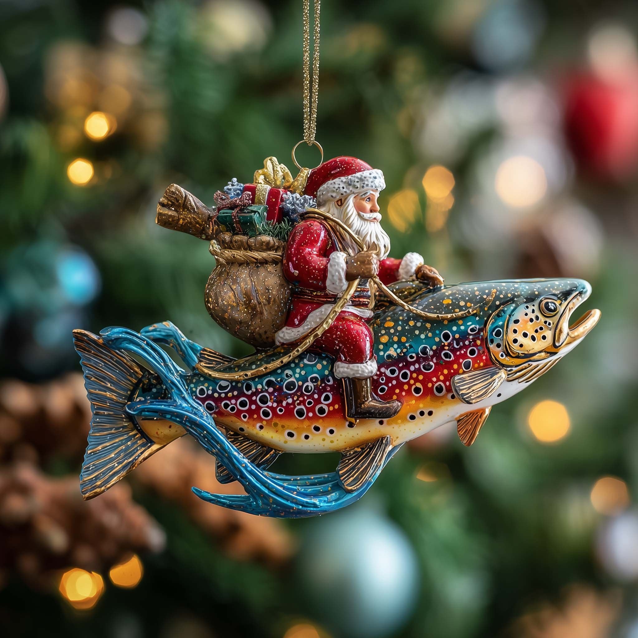 Santa Riding a Rainbow Trout Christmas Ornament