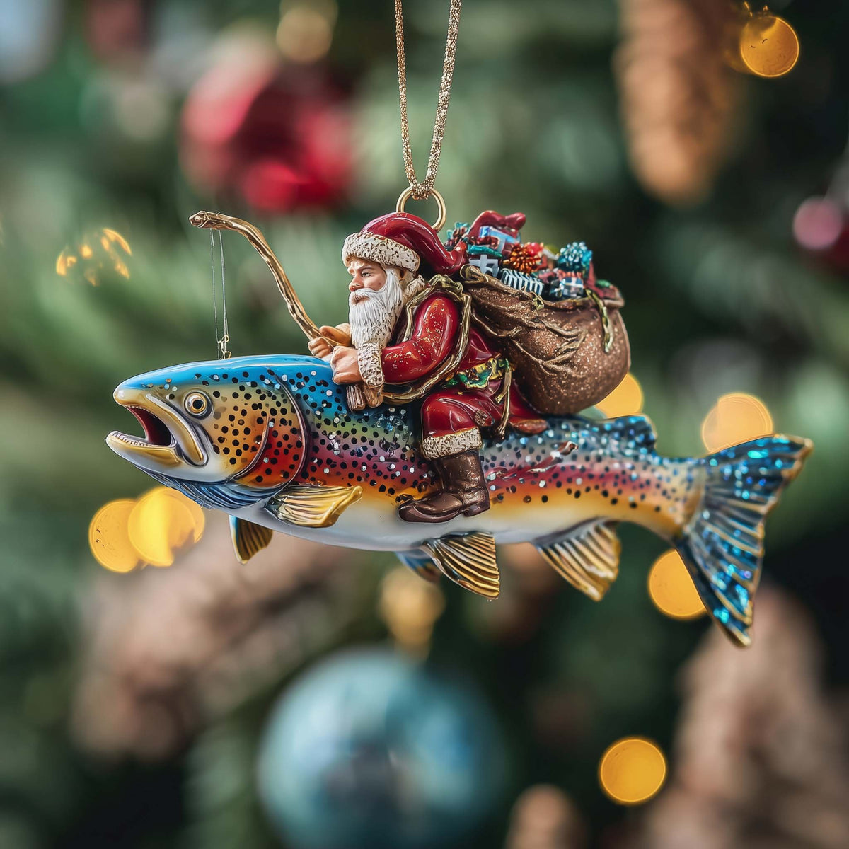 Santa Fishing on a Trout Christmas Ornament