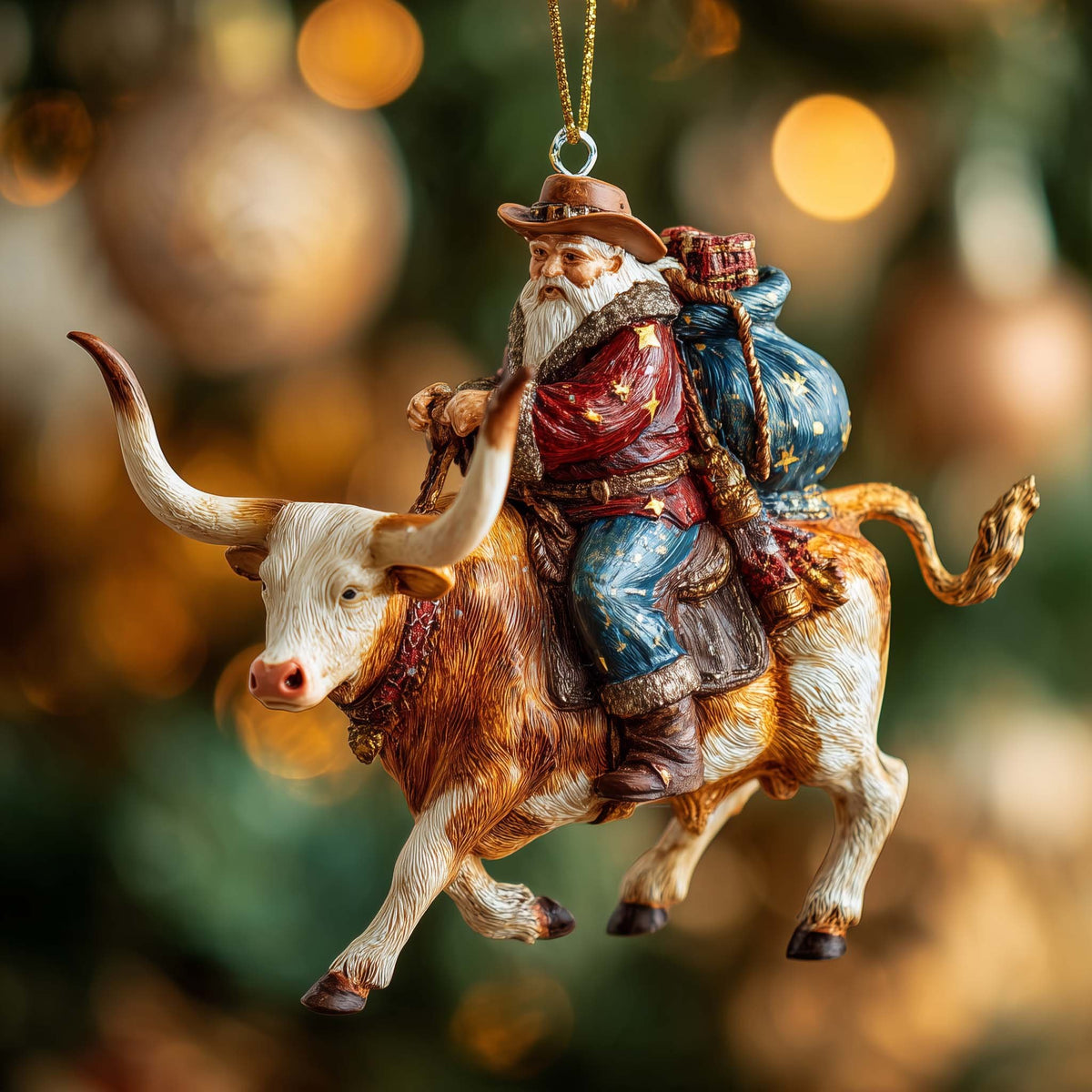 Cowboy Santa on a Longhorn Christmas Ornament