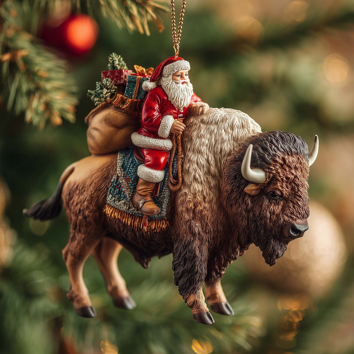 Santa on a Buffalo with Gifts Christmas Ornament