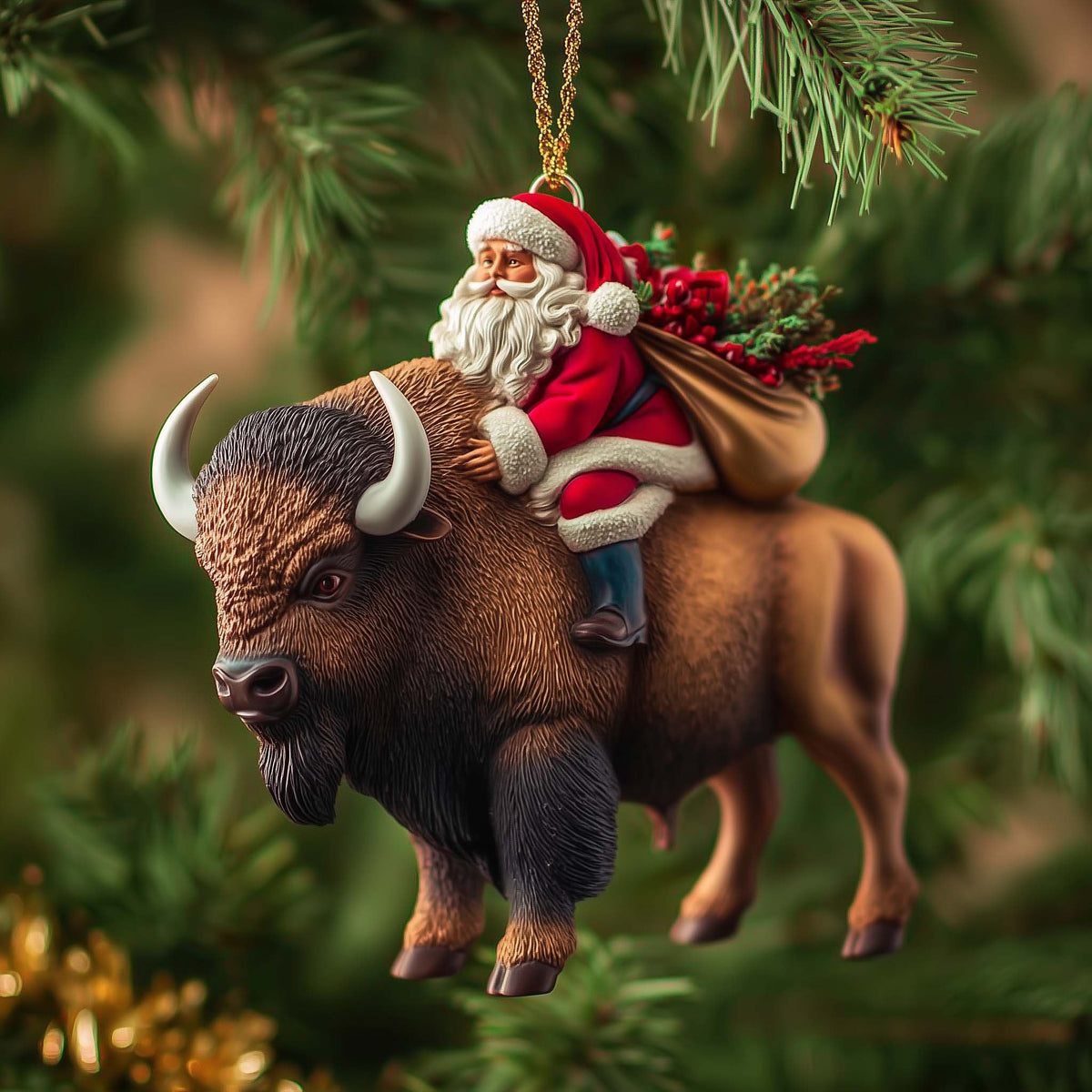 Santa Riding a Plains Buffalo Christmas Ornament