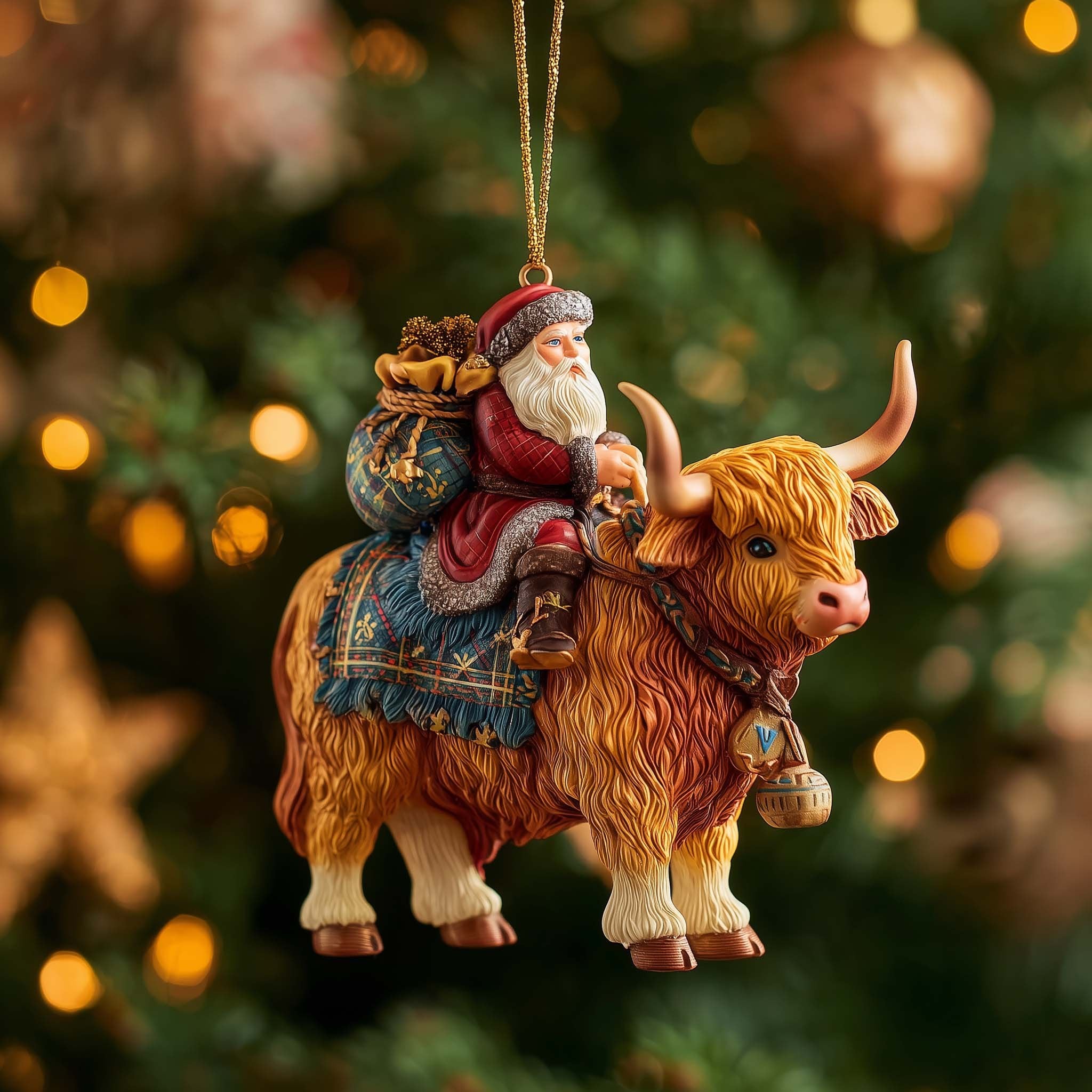 Santa on a Highland Bull Christmas Ornament