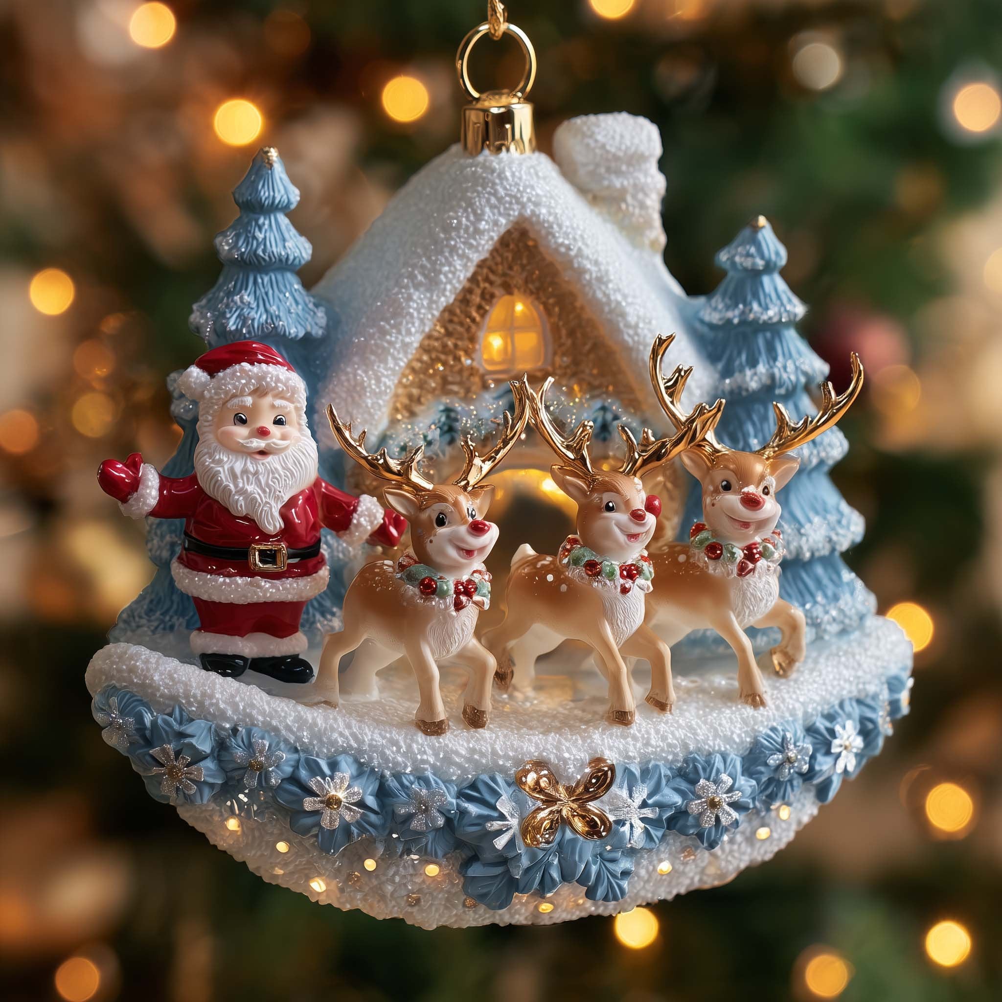 Santa and Reindeer Rocking Sleigh Christmas Ornament