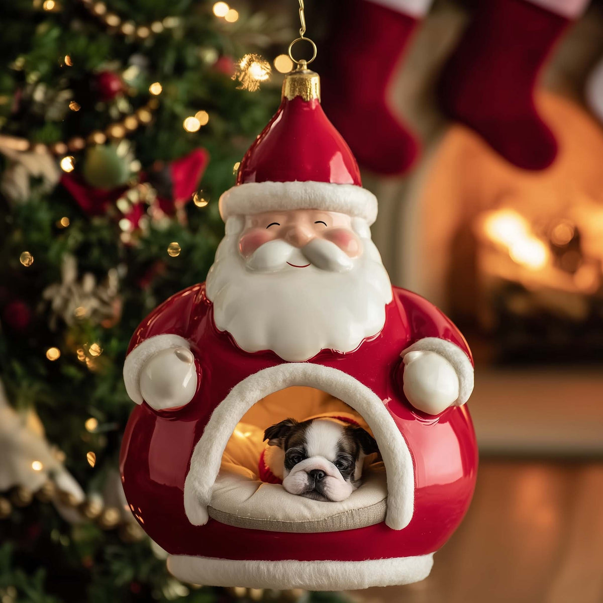 Bulldog in a Santa Belly House Christmas Ornament