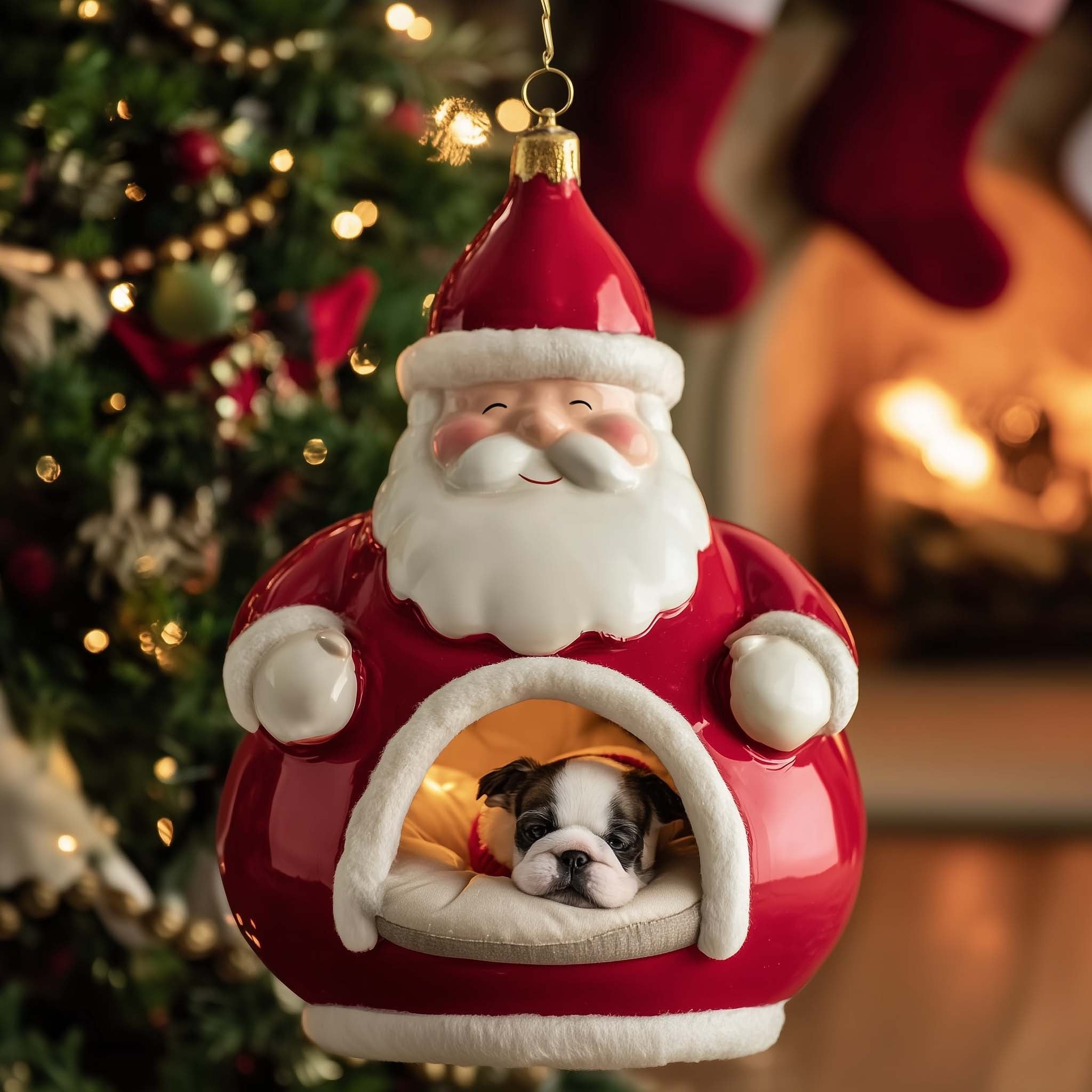 Bulldog in a Santa Belly House Christmas Ornament