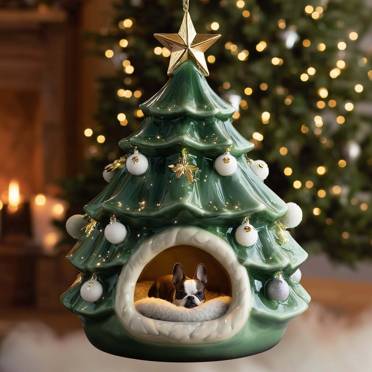 Boston Terrier in a Tree Hollow Christmas Ornament