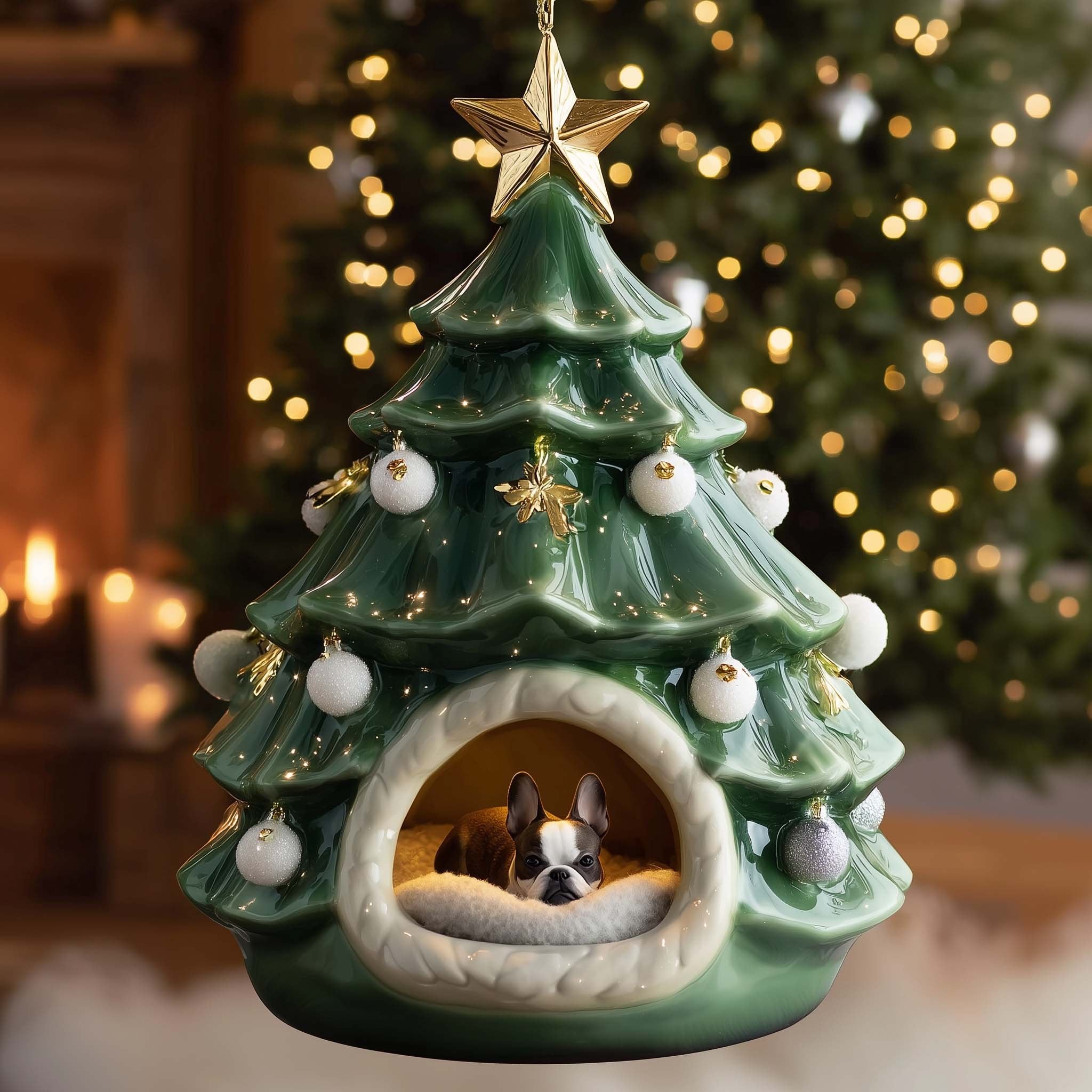Boston Terrier in a Tree Hollow Christmas Ornament
