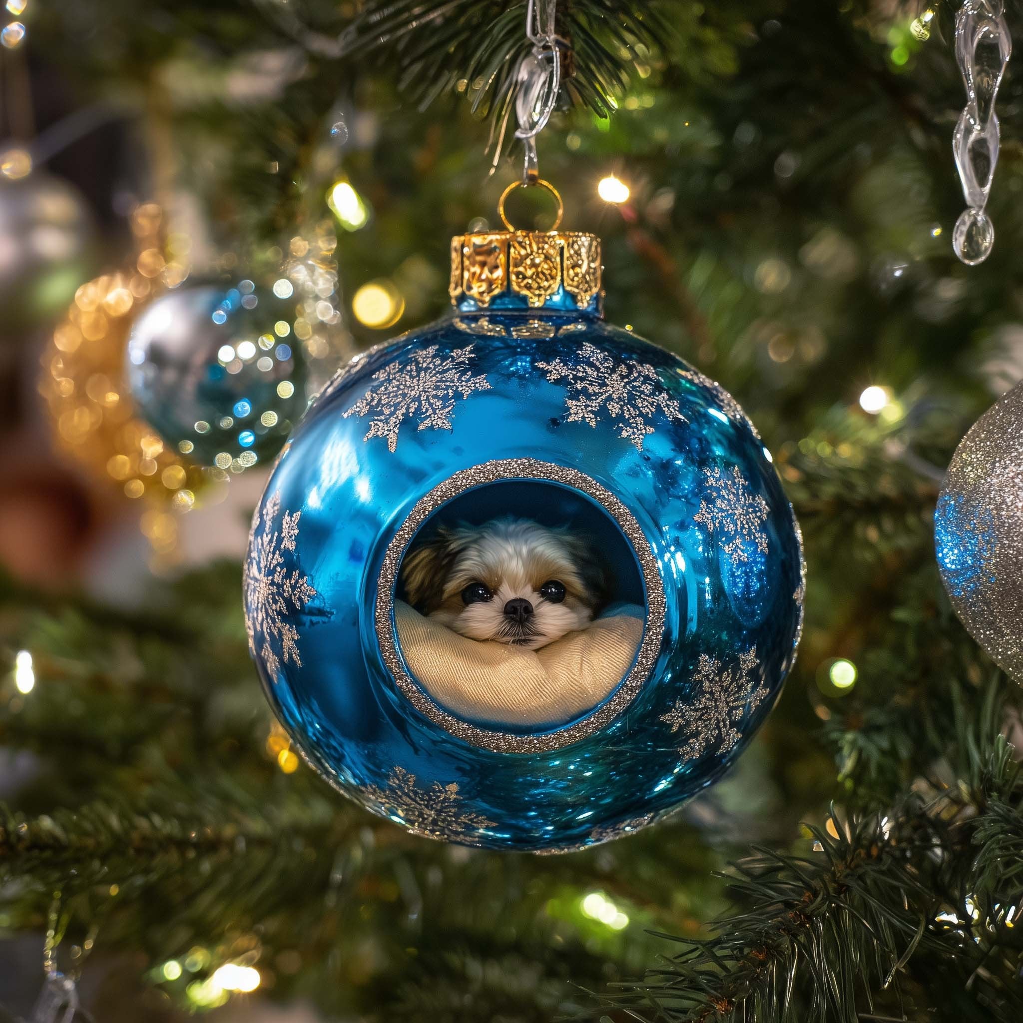 Shih Tzu in a Blue Bauble Nest Christmas Ornament
