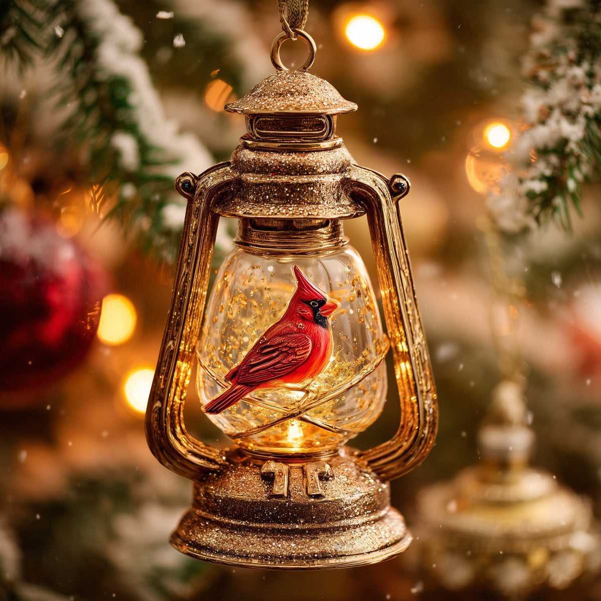 Cardinal in a Golden Lantern Christmas Ornament