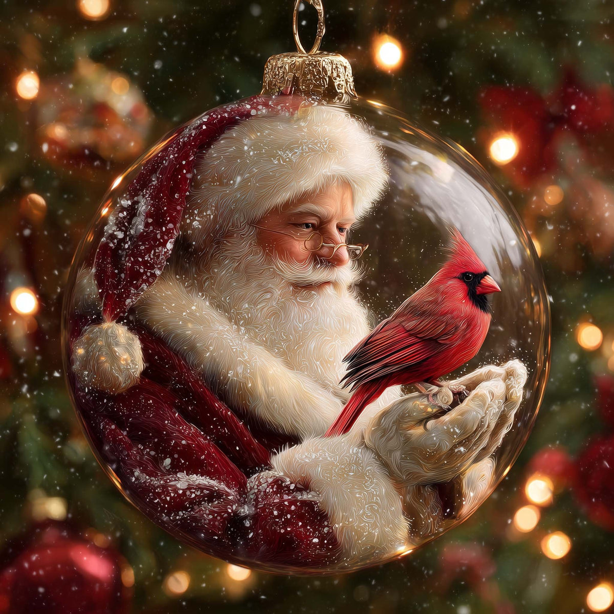 Santa Holding a Cardinal Globe Christmas Ornament