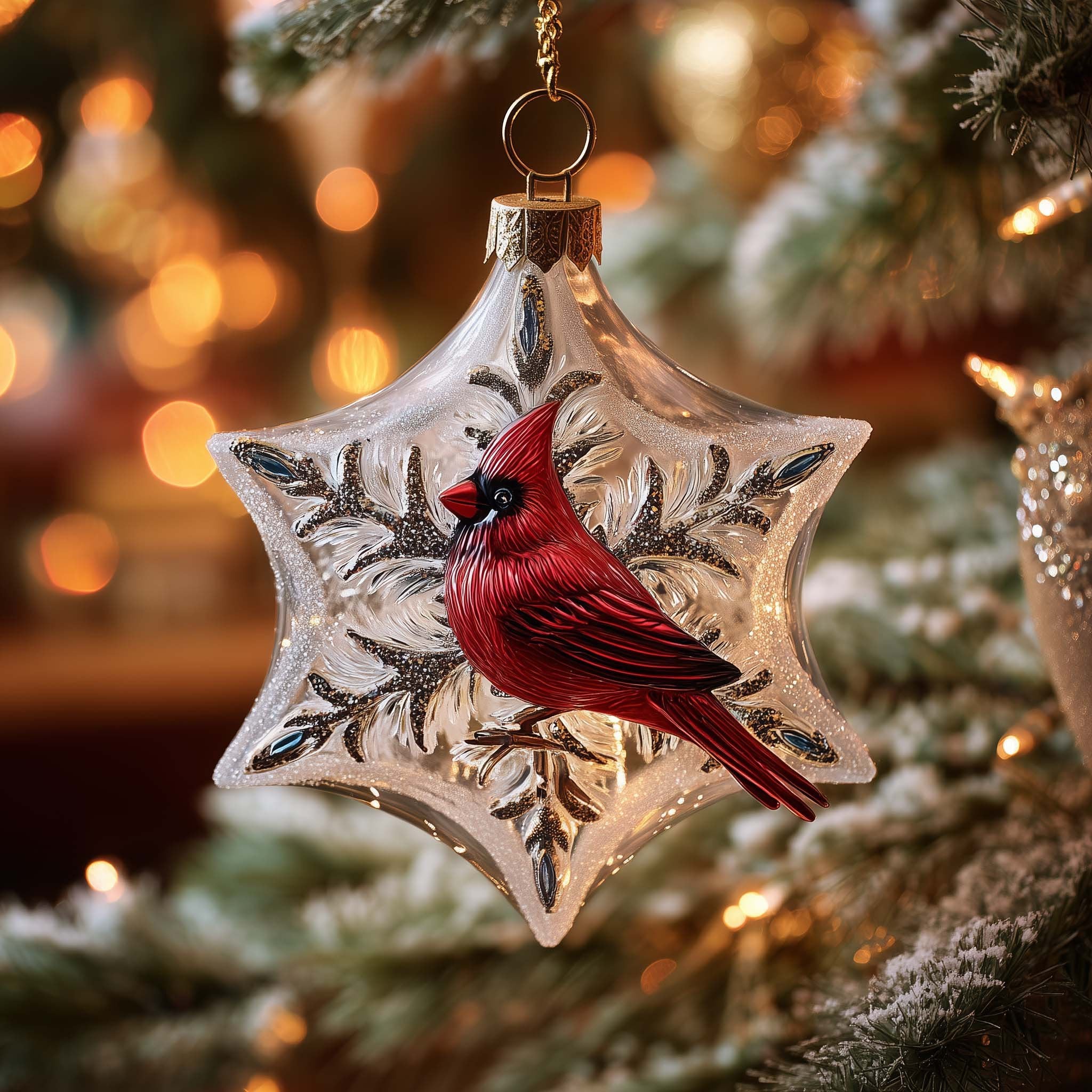 Cardinal Snowflake Star Christmas Ornament