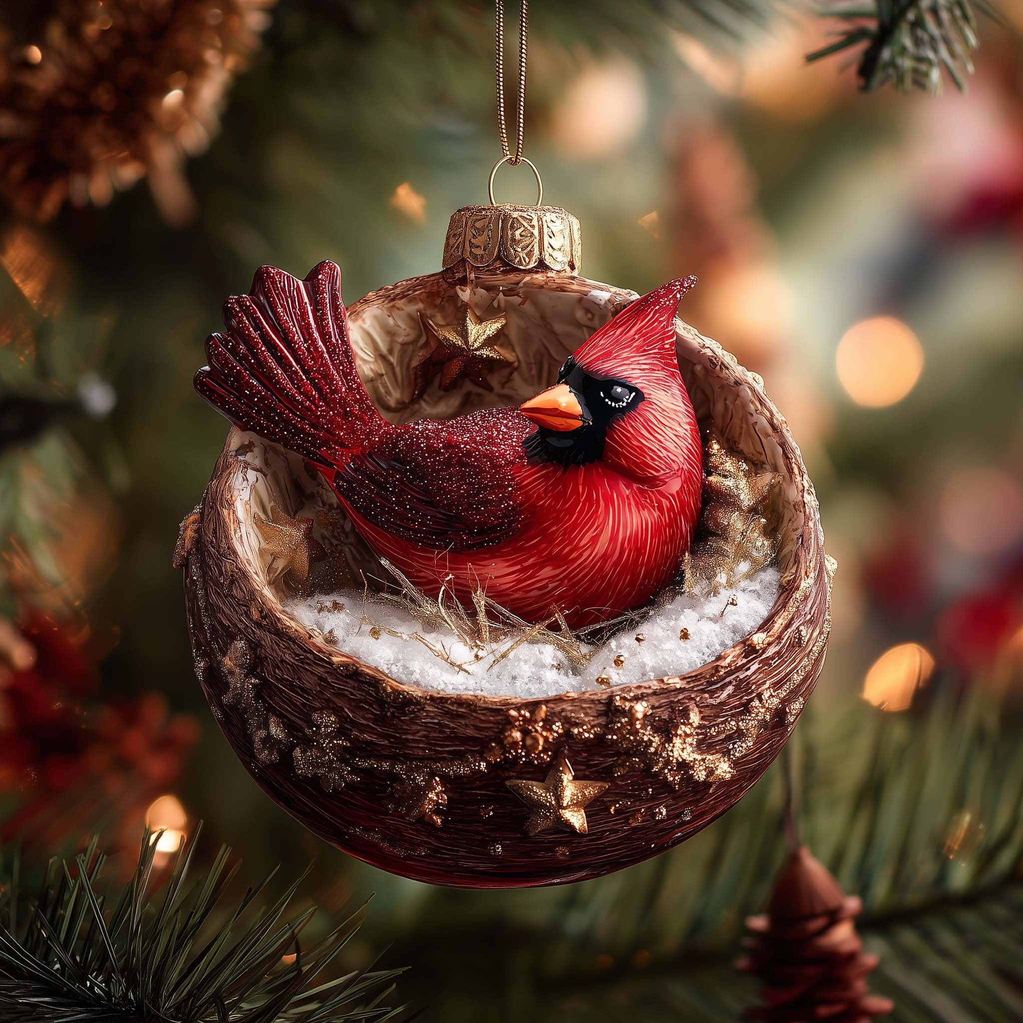 Cardinal Resting in a Nest Bauble Christmas Ornament