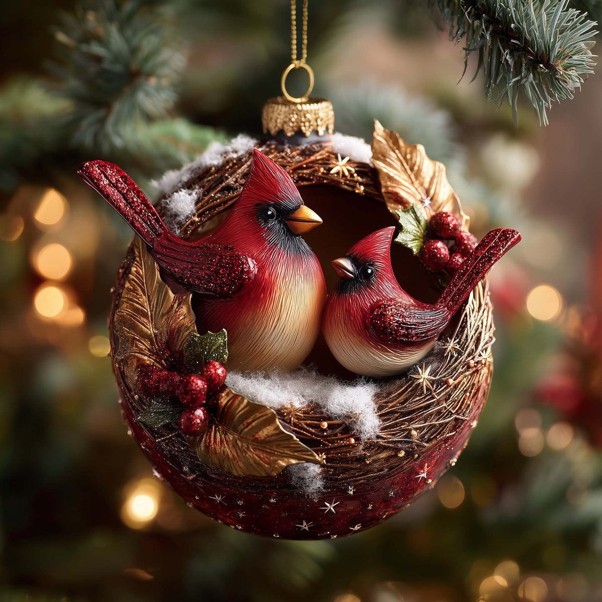 Cardinal Pair in a Berry Nest Christmas Ornament